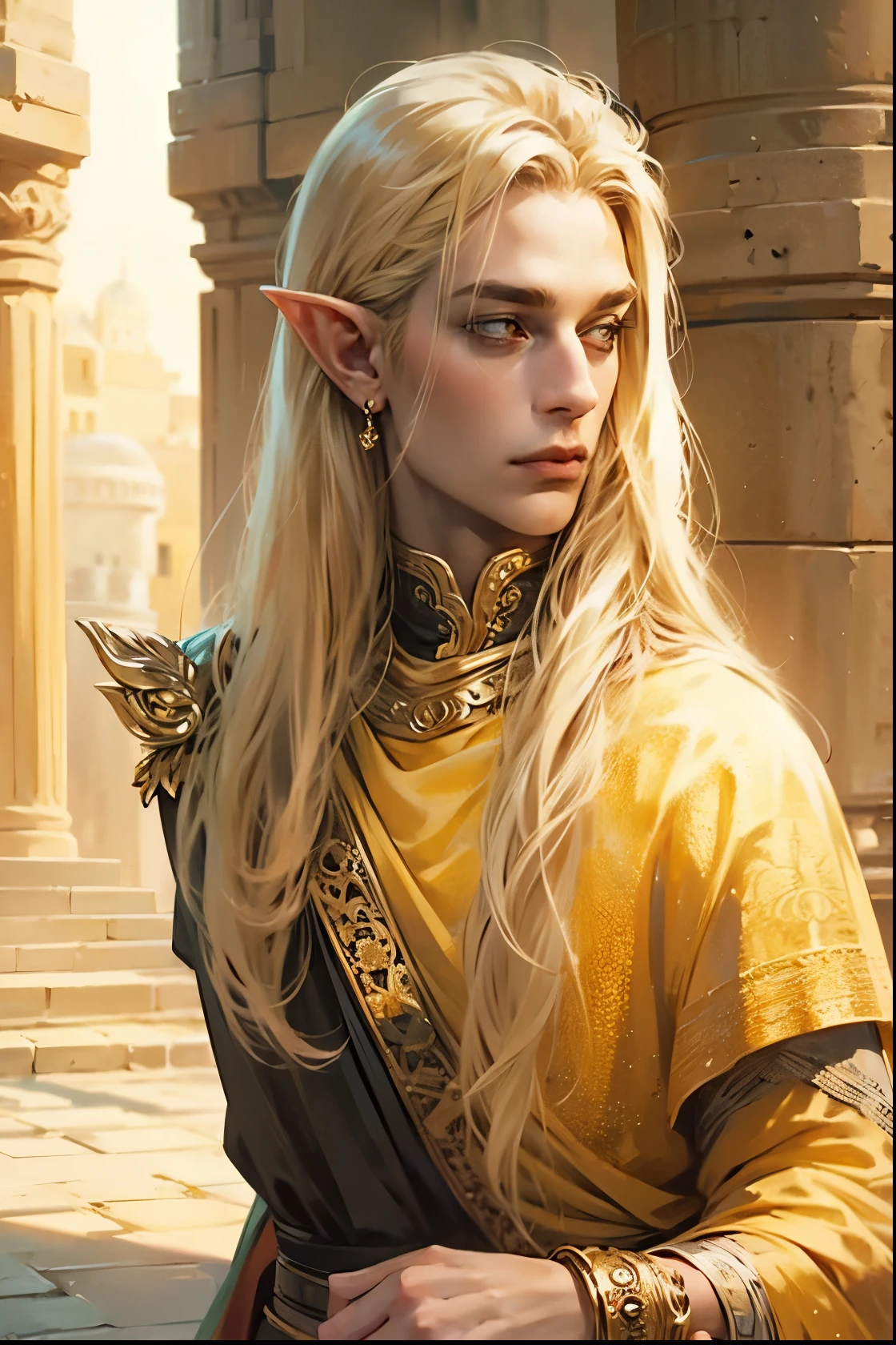 Male elf, Golden blonde hair, long hair,accessories and jewelries in the hair, gold eyes, in an ancient city of golden sand, fantasy character
