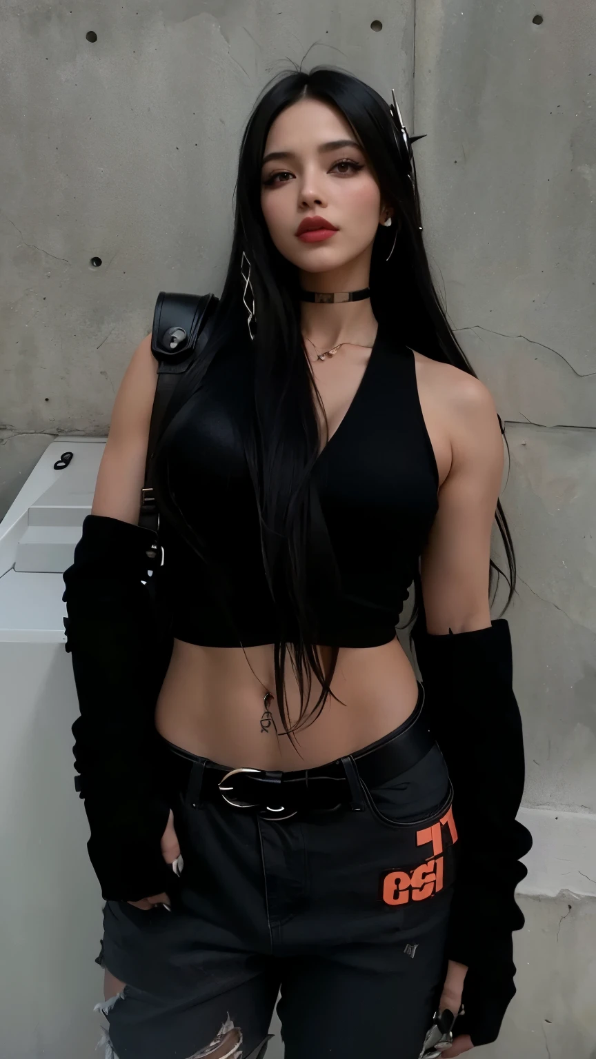 mulher araffed com longos cabelos pretos e um top preto, 2 modelo feminino de 4 anos, garota cyberpunk de cabelo preto azeviche, tifa lockhart, roupa estilo cyberpunk, tifa, tifa lockheart, 18 anos de idade, roupa ciberpunk, usando um top cropped sexy, glamorosa tifa lockheart, ava max, 1 7 goth girl, blackpink jennie, cintura fina