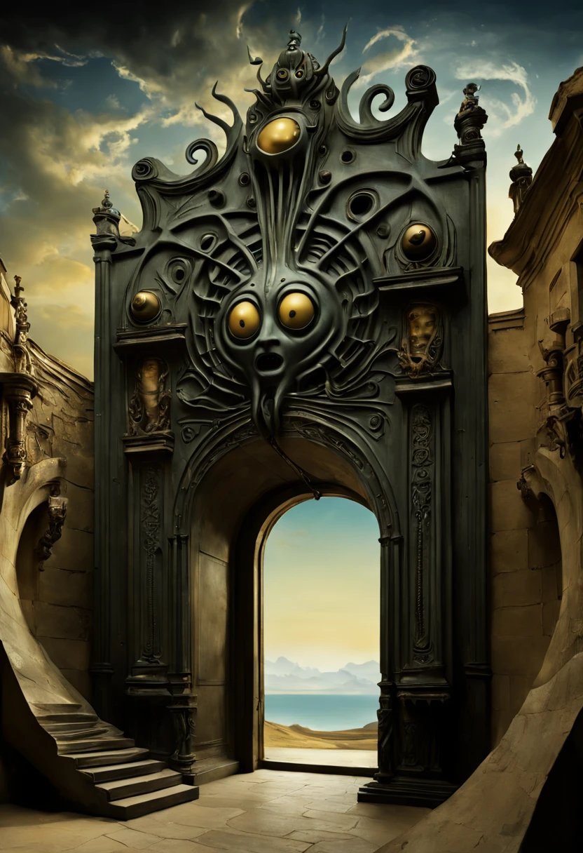 Capture the enigmatic allure of a forgotten gateway that transcends time and space. Emphasize its (mysterious:1.3) presence, (weathered:1.2) architecture, and (intricate:1.1) carvings. Surround it with an otherworldly landscape, (shimmering:1.2) celestial bodies, and (whispering:1.1) echoes. Inspired by the works of (Salvador Dali:1.4) and (H.R. Giger:1.3).