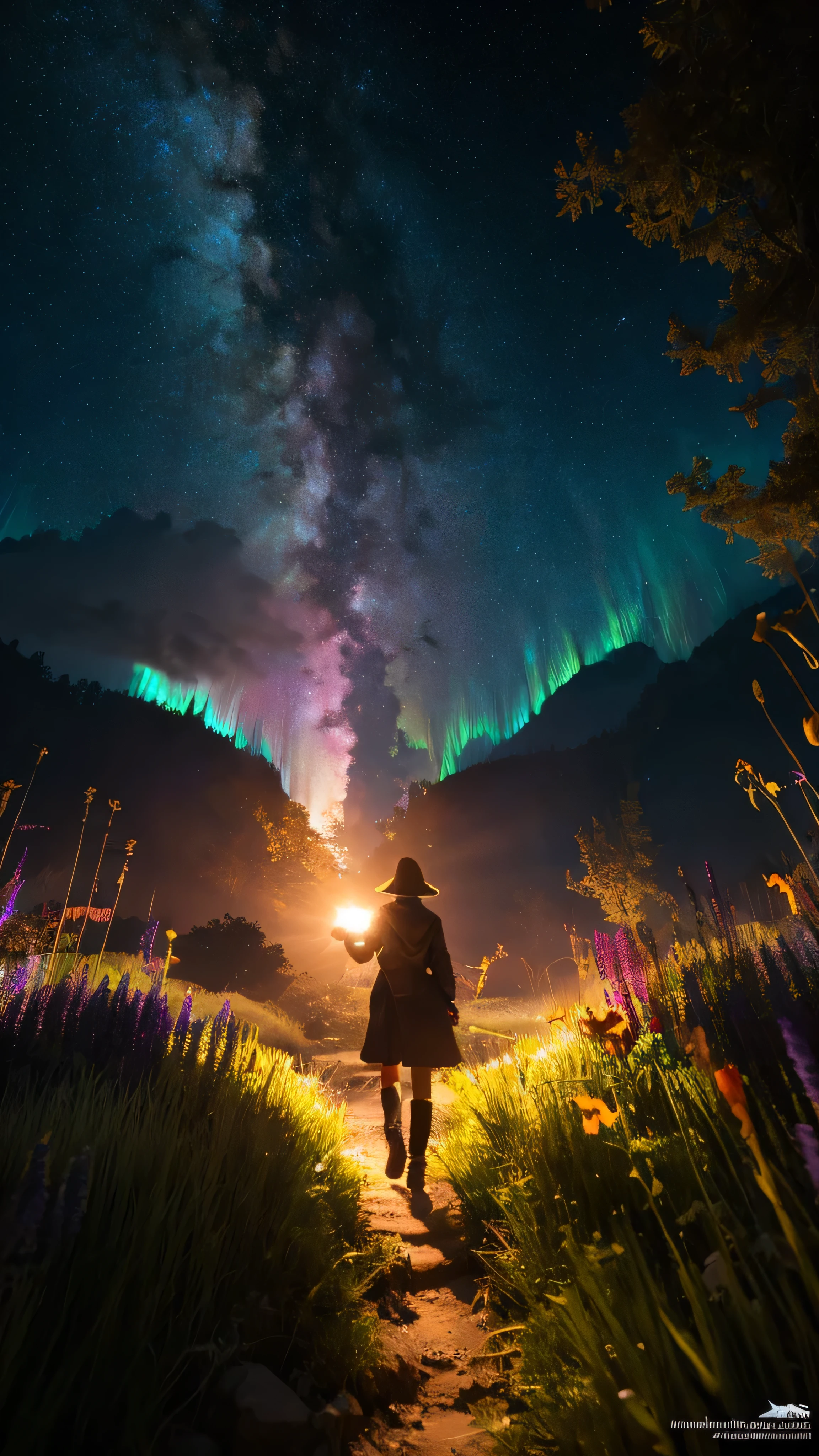 expansive landscape photograph , (a view from below that shows sky above and open field below), a girl standing on flower field looking up, (full moon:1.2), ( shooting stars:0.9), (nebula:1.3), distant mountain, tree BREAK
production art, (warm light source:1.2), (Firefly:1.2), lamp, lot of purple and orange, intricate details, volumetric lighting BREAK
(masterpiece:1.2), (best quality), 4k, ultra-detailed, (dynamic composition:1.4), highly detailed, colorful details,( iridescent colors:1.2), (glowing lighting, atmospheric lighting), dreamy, magical, (solo:1.2)
