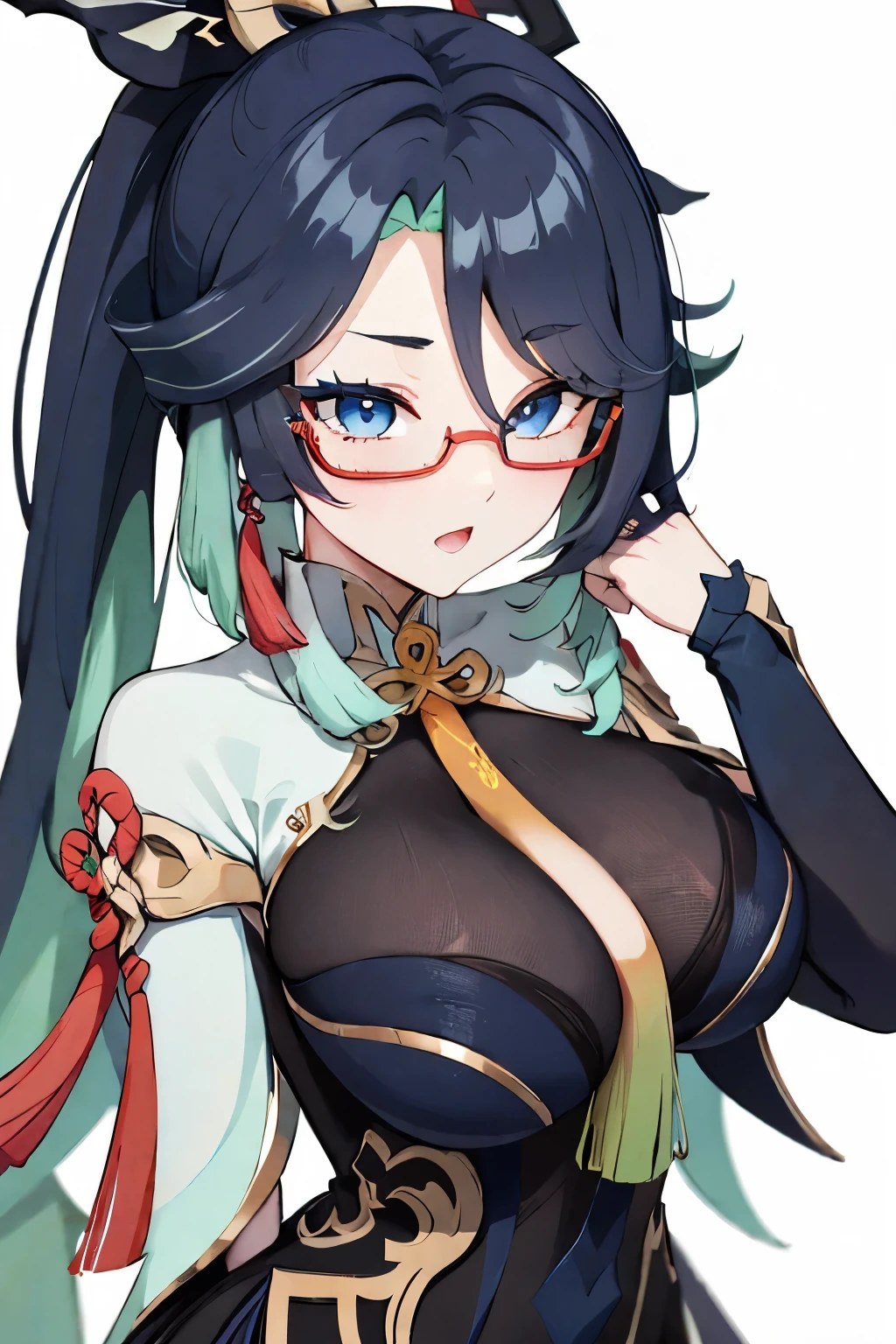 xianyun from genshin impact, wearing red glasses, ahegao seductive hentai expression with tongue out, huge breast ,seductive sexy pose, sit down, high quality image resolution, white background