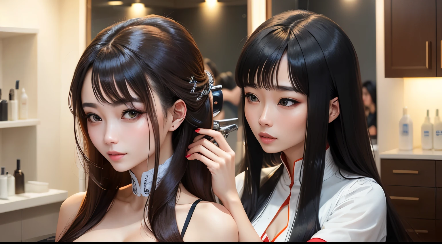 two women with long hair, beauty salon, salon scissors, hair dryer, salon called yuan, cutting hair in the salon