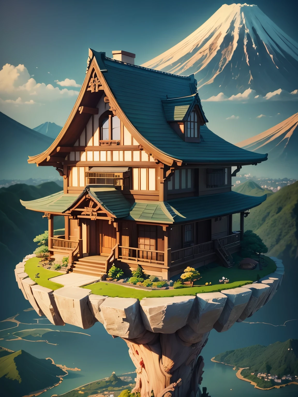 ((masterpiece、very detailed、CG Unity 8k、best quality、very detailed：1.2))、(Top quality: 1.2)、Exterior of the building、Japan style building、one-story house、(best illustrations)、 (best shadow)、Isometric 3D、octane rendering、ray tracing、Super detailed、fantasy world、A building that looks like something out of a fairy tale、fairy tale、Cartoon、Gorgeous、Cartoon design style、Beautifully detailed digital art, In a Sweet Earth Style House、 Super detailedなレンダリング、fantastic world housing 、 2D game isometric camera view、Mt. Fuji in the background、beautiful sky、cherry blossoms