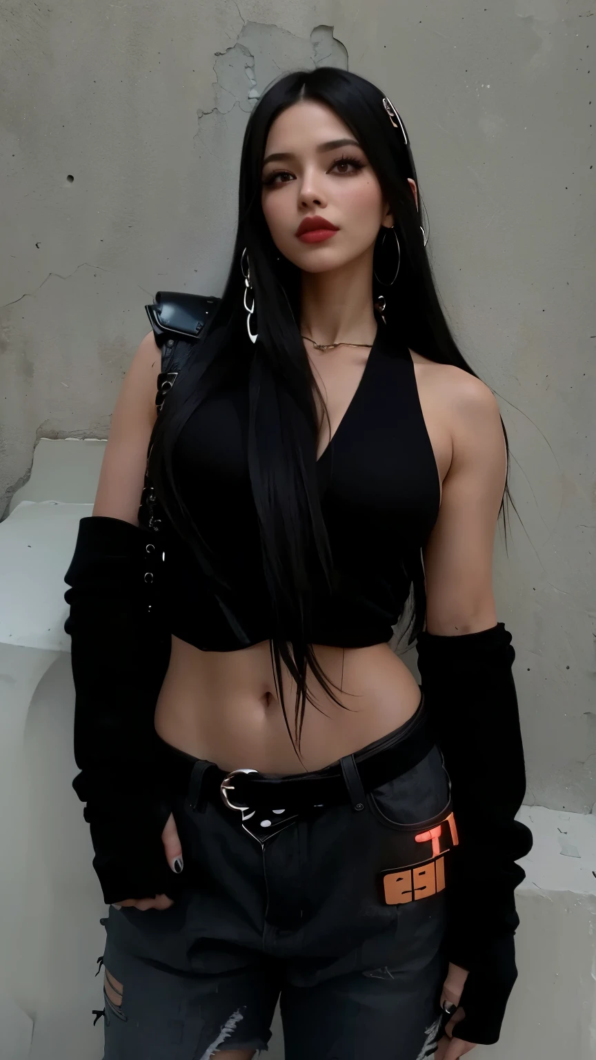 mulher araffed com longos cabelos pretos e um top preto, 2 modelo feminino de 4 anos, garota cyberpunk de cabelo preto azeviche, tifa lockhart, roupa estilo cyberpunk, tifa, tifa lockheart, 18 anos de idade, roupa ciberpunk, usando um top cropped sexy, glamorosa tifa lockheart, ava max, 1  old goth girl, blackpink jennie, cintura fina