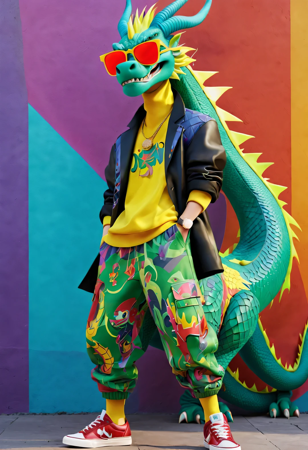 Pixar style, Humanized Chinese dragon wearing fashionable clothing, Pants, and shoes, Geometric doodle background, punk style, sunglasses, colorful, masterpiece, Ultra high detail, Overclocked rendering,