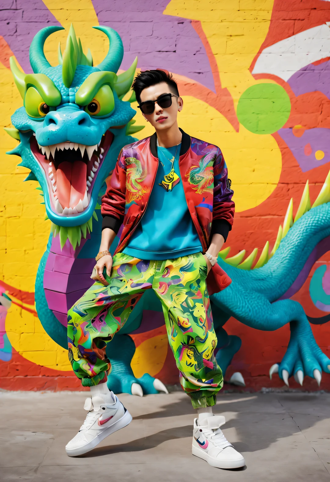 Pixar style, Humanized Chinese dragon wearing fashionable clothing, Pants, and shoes, happy, Dynamic movements of high head and long strides, Geometric doodle background, punk style, sunglasses, colorful, masterpiece, Ultra high detail, Overclocked rendering,