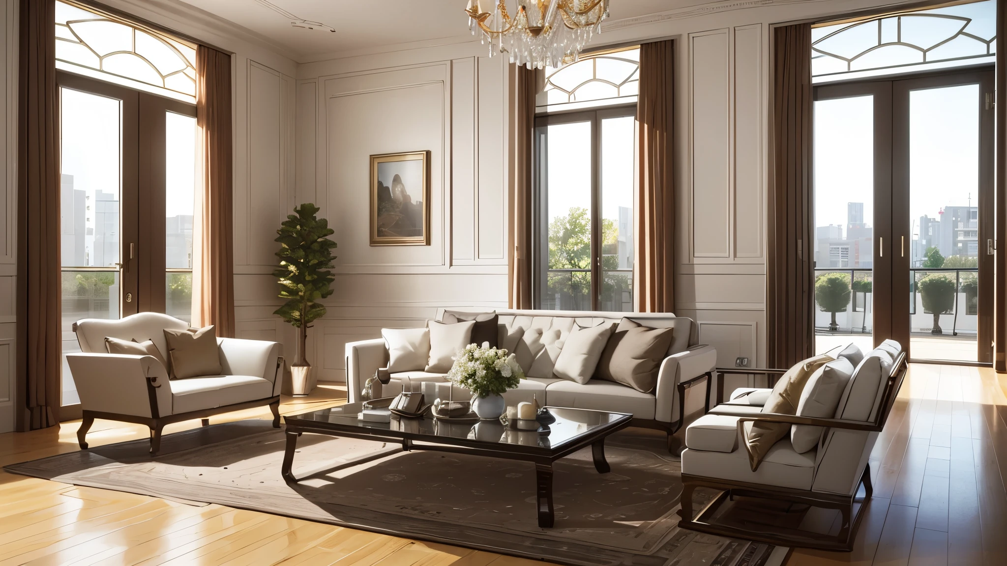 ,masterpiece, best quality,8k, ultra highres,This living room combines American luxury with neo-Chinese elegance,breath-taking。The entire space is illuminated with soft lighting,The huge mural shows the prosperity of the Grand Theater of America。The comfortable sofa is decorated with delicate velvet cushions,Sit here as if you were in the residence of a royal palace aristocracy。On the coffee table is a tea art book and a set of exquisite tea sets,Enjoy the ritual sense of tea tasting。Every detail of the living room exudes nobility and uniqueness,People can't help but be attracted by the beauty in front of them。