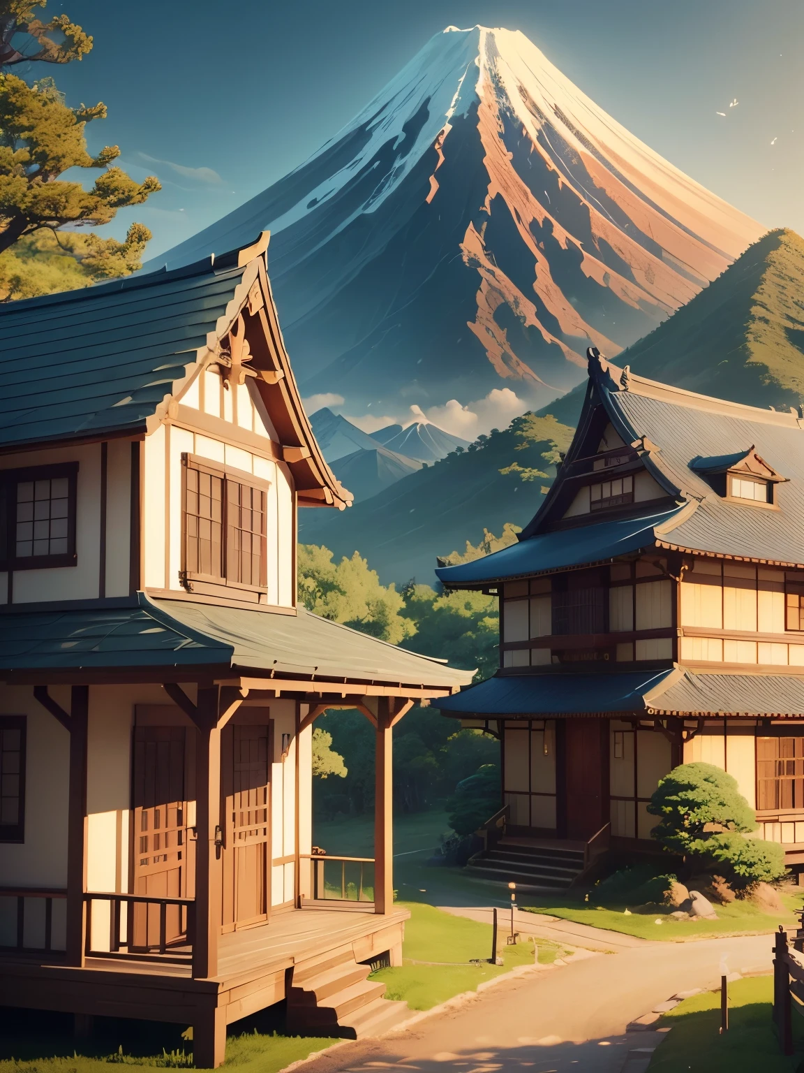 ((masterpiece、very detailed、CG Unity 8k、best quality、very detailed:1.2))、(Top quality: 1.2)、Exterior of the building、Japan style building、one-story house、(best illustrations)、 (best shadow)、Isometric 3D、octane rendering、ray tracing、Super detailed、fantasy world、A building that looks like something out of a fairy tale、fairy tale、Cartoon、Gorgeous、Cartoon design style、Beautifully detailed digital art, In a Sweet Earth Style House、 Super detailedなレンダリング、fantastic world housing 、 2D game isometric camera view、Mt. Fuji in the background、beautiful sky、cherry blossoms