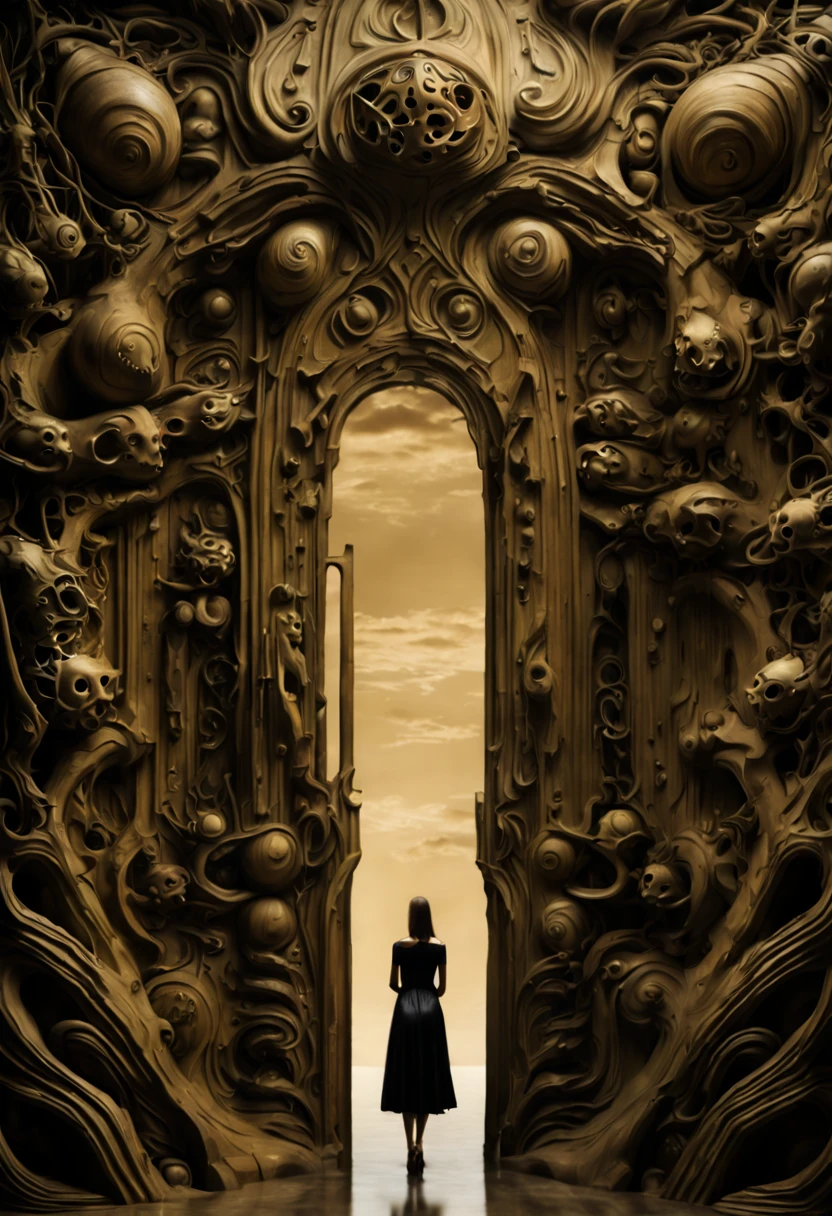 Capture the enigmatic allure of a forgotten gateway that transcends time and space. Emphasize its (mysterious:1.3) presence, (weathered:1.2) architecture, and (intricate:1.1) carvings. Surround it with an otherworldly landscape, (shimmering:1.2) celestial bodies, and (whispering:1.1) echoes. Inspired by the works of (Salvador Dali:1.4) and (H.R. Giger:1.3).