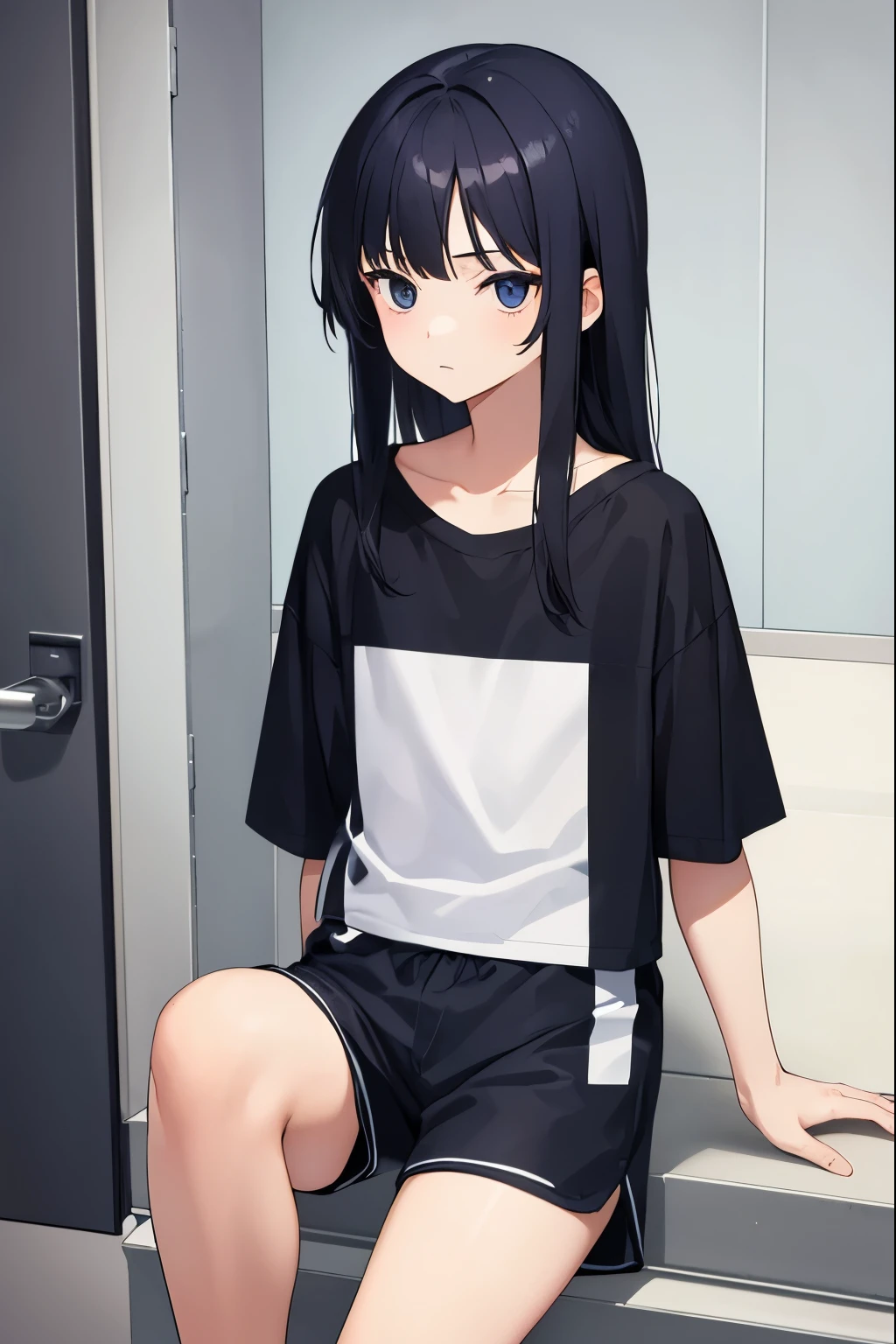 10 years old hair color is black eye color is blue short sleeve Shorts long hair 1girl