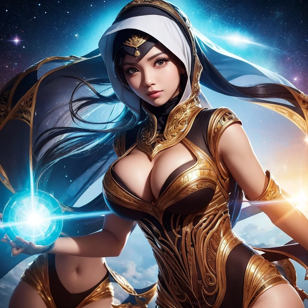 best quality,ultra-detailed,busty Malaysian woman:1.1,energetic,athletic,hijab,huge breasts,small field scientists outfit,investigates a forgotten gateway of time and space,portrait,sharp focus,vivid colors,warm color tone,lens flare,studio lighting