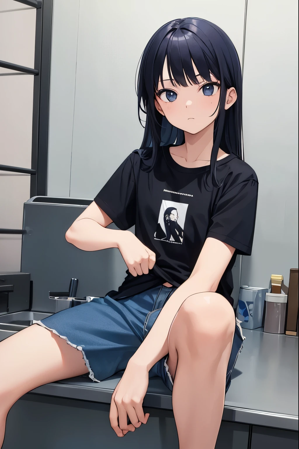 10 years old　hair color is black　eye color is blue　　short sleeve t-shirt　half pants　long hair　1girl
