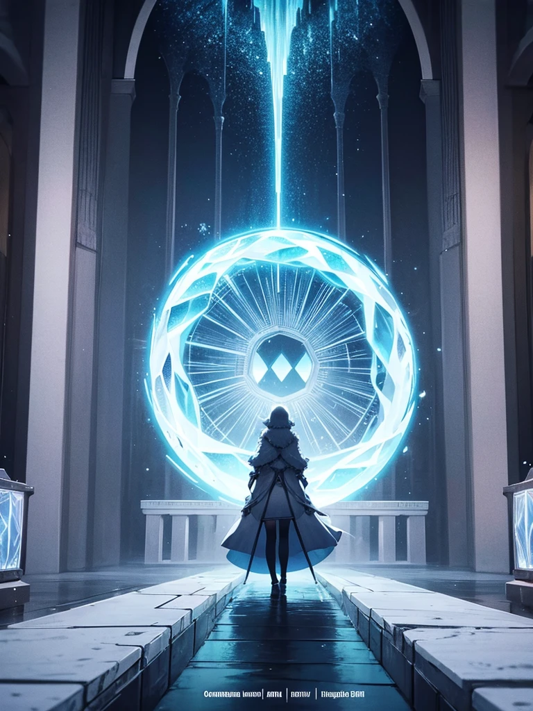 ((temple made of ice)), huge circular dome, ((A translucent neon door at the very back)), ((A door with shining runes that brings together the technology of ancient civilizations.)), highly detailed digital art, Stunning artwork in 8k, 8K high definition concept art, fantasy art, ((wide-angle shot)), (highest quality), (masterpiece)), realistic, Fantastic, Mysterious, Silhouette of a small person standing in front of the door
