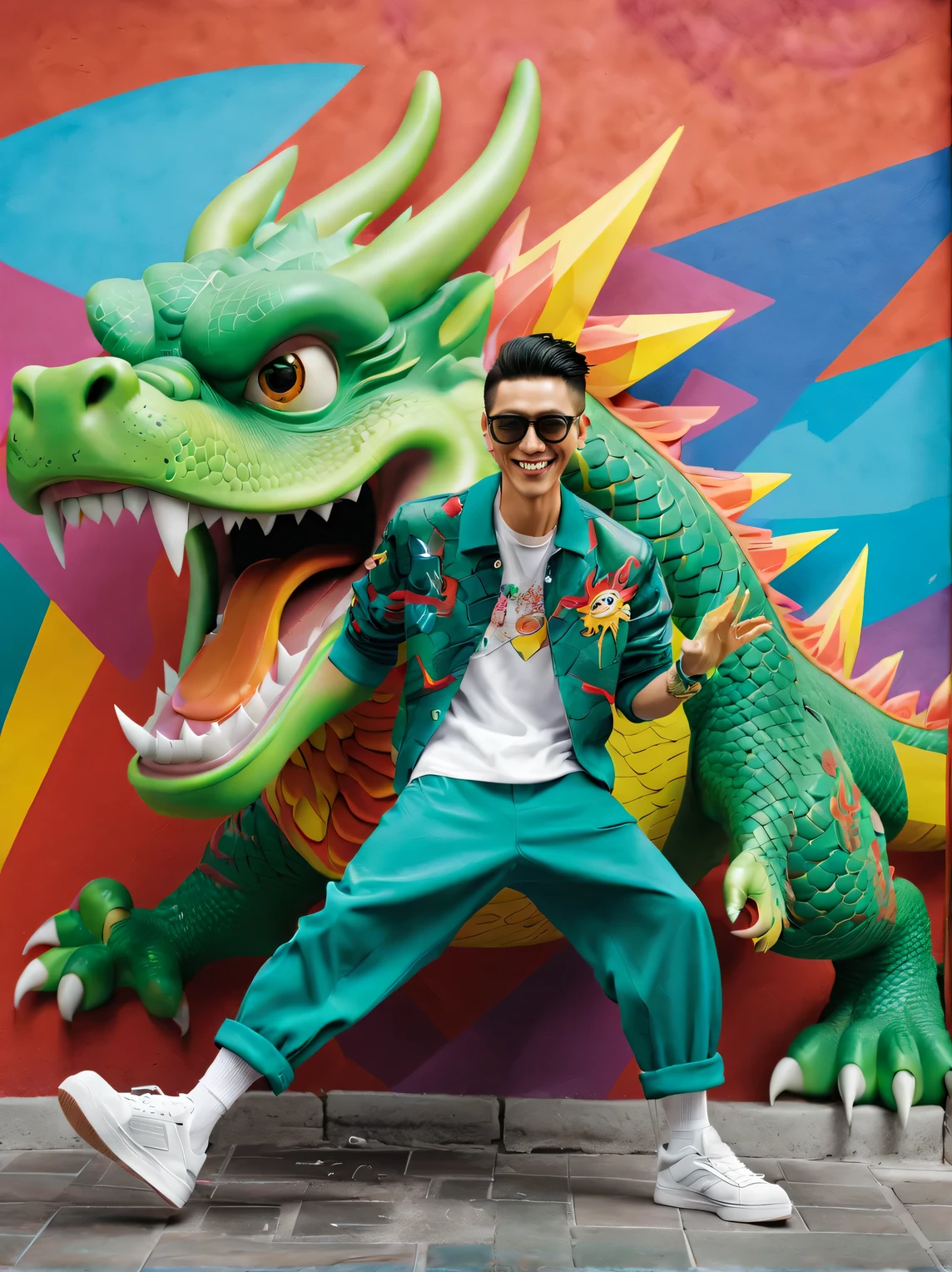 Character design, Pixar style, Humanized Chinese dragon wearing fashionable clothing, Pants, and shoes, happy, Dynamic movements of high head and long strides, Geometric doodle background, punk style, sunglasses, colorful, masterpiece, Ultra high detail, Overclocked rendering, range mark drawing, monochrome, Ballpoint pen outline, 4K, soft pink, interesting,