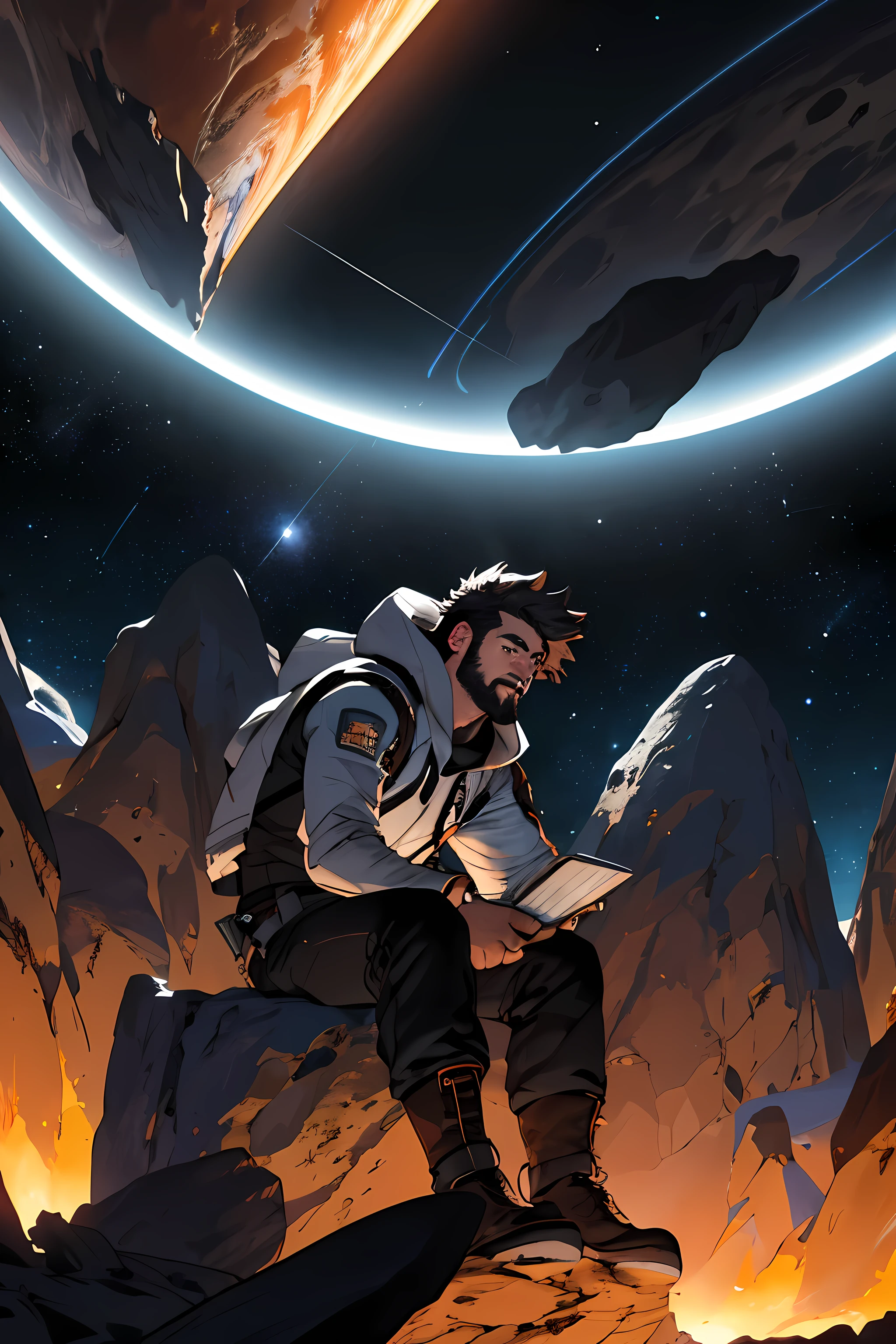 Desenhe um jovem cantor, sitting on a research platform floating in the middle of an asteroid belt. He is sitting with a notebook, surrounded by several asteroids glowing with auras of fire. Dramatic lighting from distant stars and planets illuminates the scene, casting deep shadows on the costume. O jovem parece confiante e determinado, Looking at the vast and mysterious universe with awe and respect,facial hair, tiro de vaqueiro, pele escura 