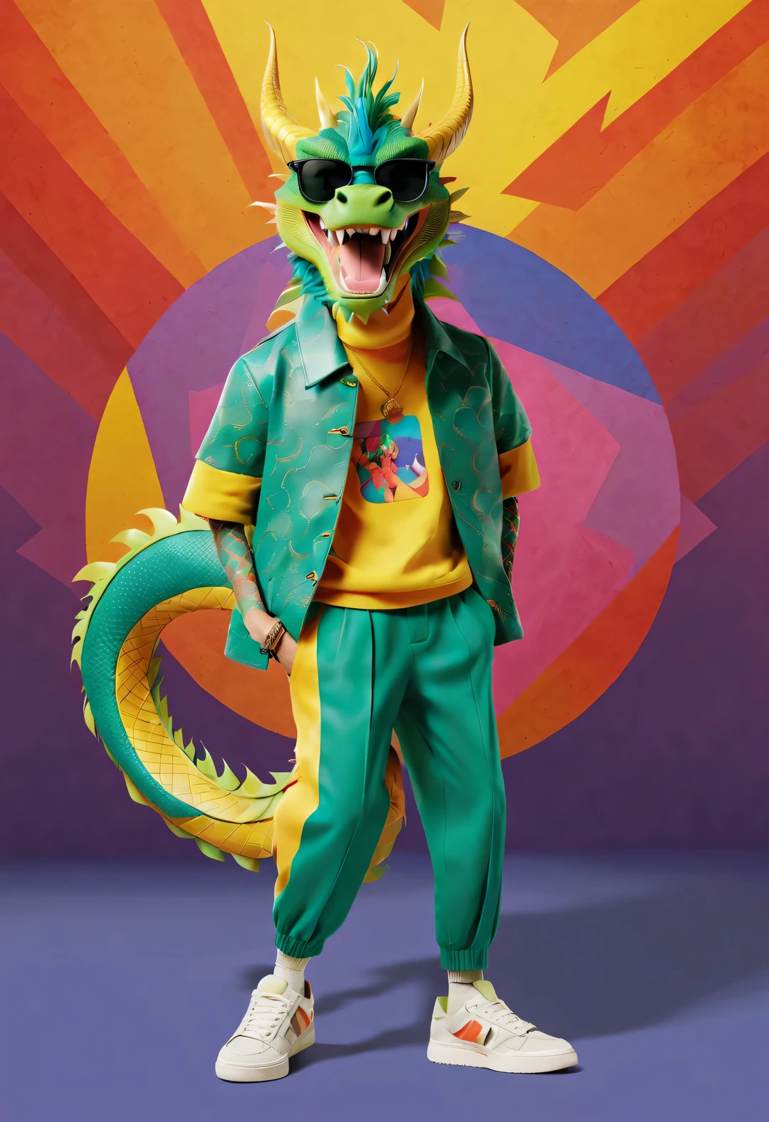 Pixar style, Humanized Chinese dragon wearing fashionable clothing, Pants, and shoes, with a happy expression, Dynamic action of walking with head high, Geometric fashion pattern background, punk style, sunglasses, colorful, masterpiece, Ultra high detail, Overclocked rendering,range mark drawing, monochrome, Ballpoint pen outline, 4K, Pastel colors, interesting,