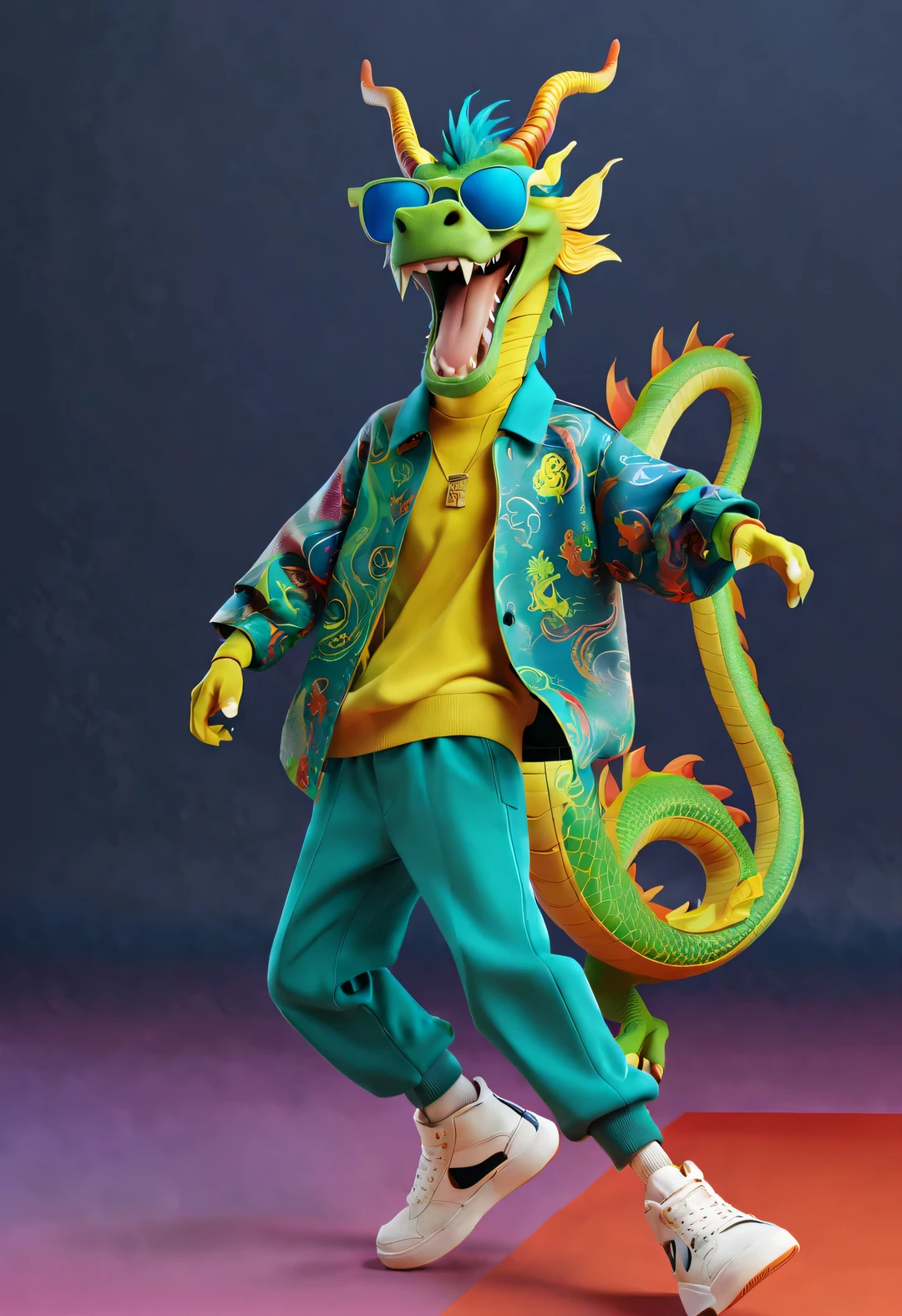 Pixar style, Humanized Chinese dragon wearing fashionable clothing, Pants, and shoes, with a happy expression, Dynamic action of walking with head high, Geometric fashion pattern background, punk style, sunglasses, colorful, masterpiece, Ultra high detail, Overclocked rendering,range mark drawing, monochrome, Ballpoint pen outline, 4K, Pastel colors, interesting,