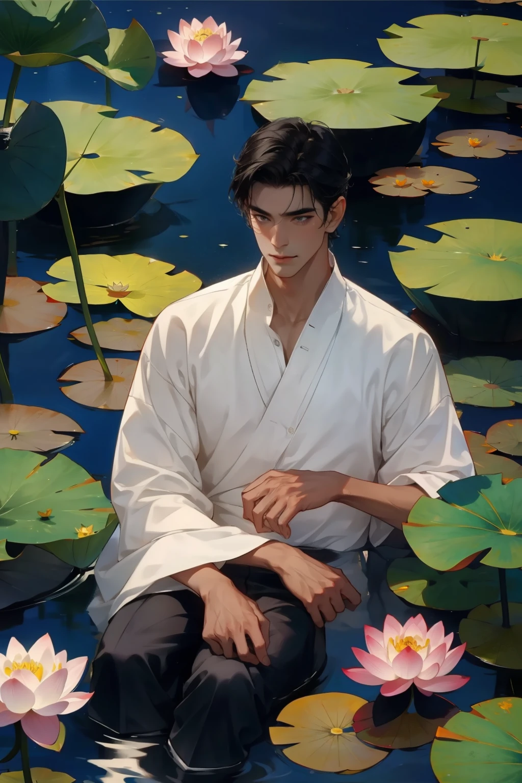 In the lotus pond,A dark-skinned, dark-haired man leaning in the water