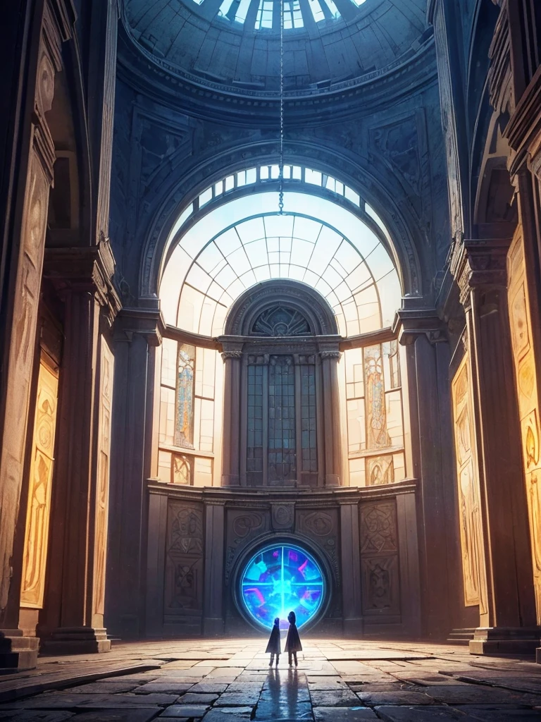 A door placed above the altar of a ruined ancient ruin., huge circular dome, The dome is decorated with runes, ((A translucent neon door at the very back)), ((A rainbow-colored door that brings together the technologies of ancient civilizations)), highly detailed digital art, Stunning artwork in 8k, 8K high definition concept art, fantasy art, (wide-angle shot), (highest quality), (masterpiece)), realistic, Fantastic, Mysterious