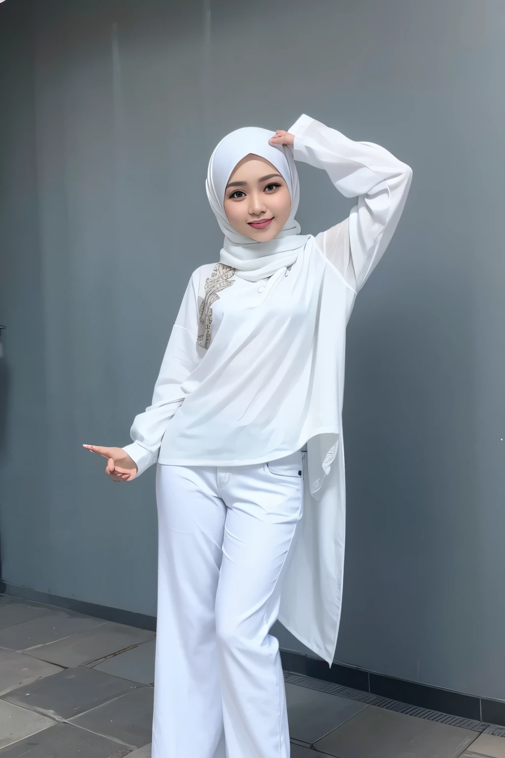 Hijab Malaysian Malay lady in white clothes, blue jeans doing hand dab pose
