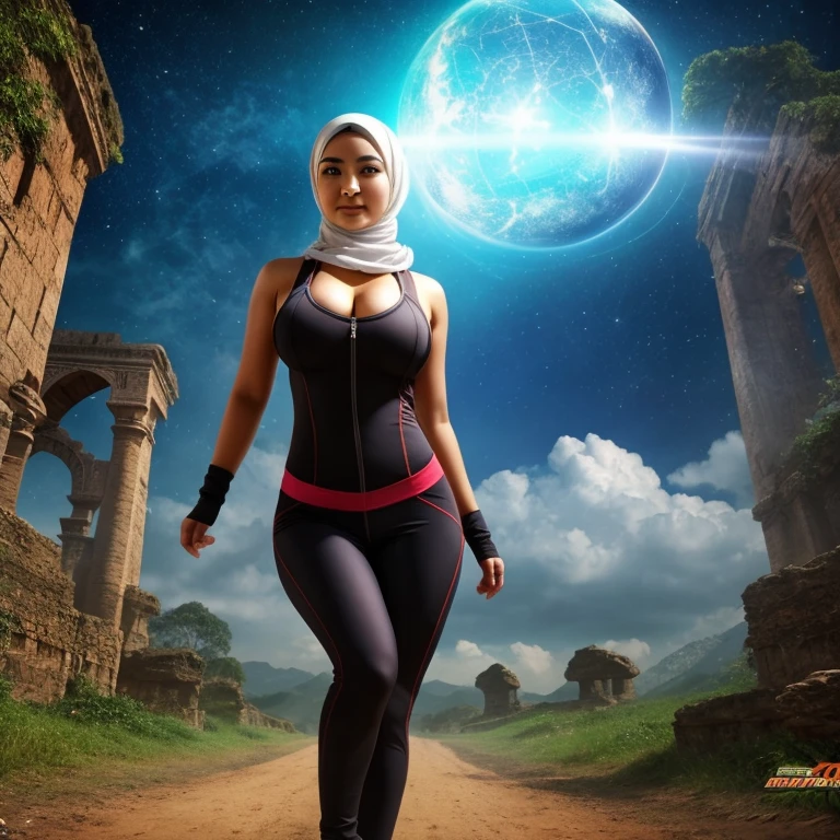 a busty Malaysian woman (age 20), energetic, athletic, hijab, huge breasts, small field scientists outfit, investigates a forgotten gateway of time and space