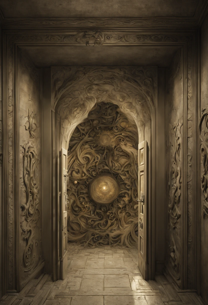 Capture the enigmatic allure of a forgotten gateway that transcends time and space. Emphasize its (mysterious:1.3) presence, (weathered:1.2) architecture, and (intricate:1.1) carvings. Surround it with an otherworldly landscape, (shimmering:1.2) celestial bodies, and (whispering:1.1) echoes. Inspired by the works of (Salvador Dali:1.4) and (H.R. Giger:1.3).