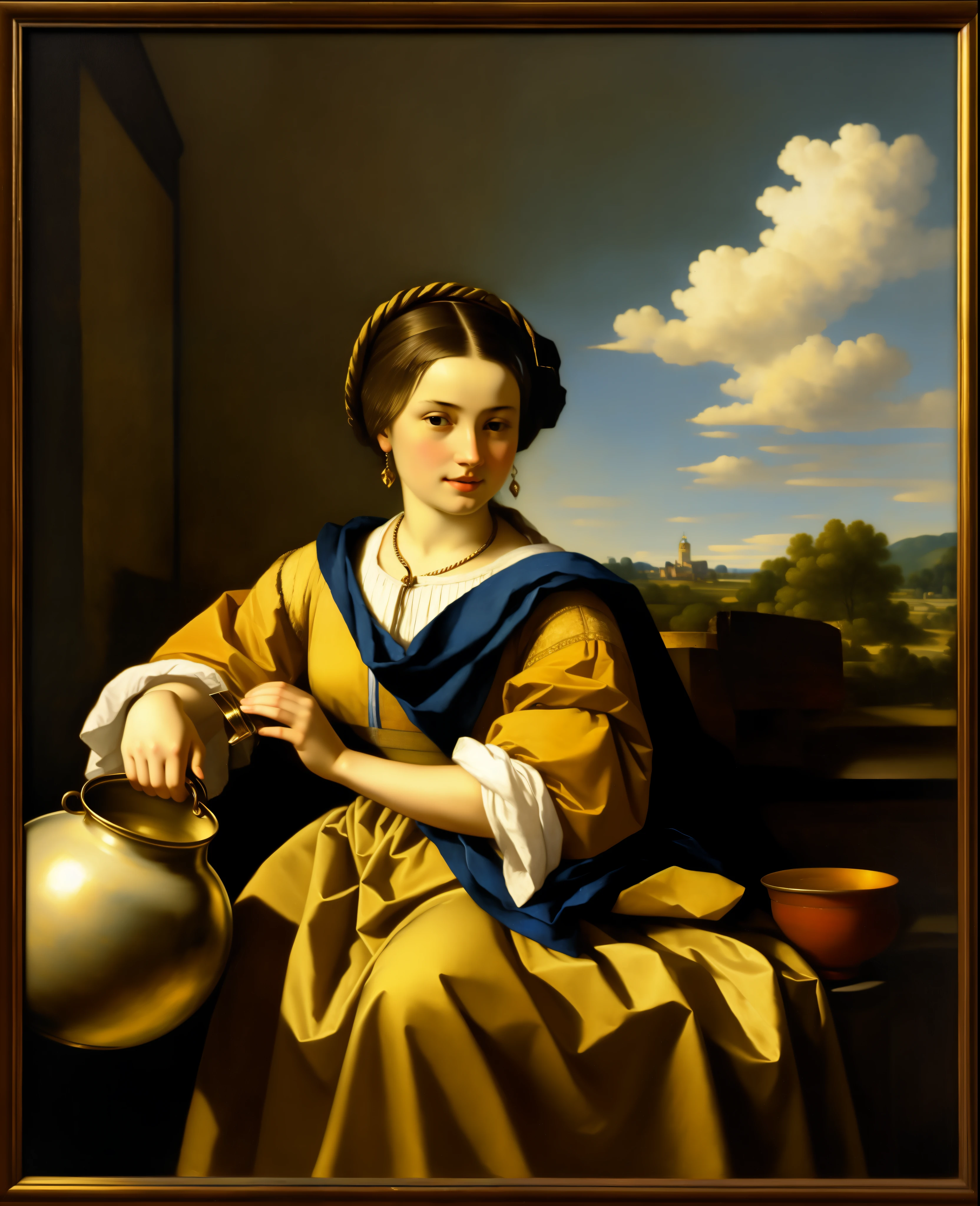 painting of a woman pouring water from a jug, vermeer painting, by Johannes Vermeer, jan vermeer, by Vermeer, ( ( ( ( ( vermeer ) ) ) ) ), johannes vemeer, dutch masterpiece, inspired by Johannes Vermeer, vermeer lighting, inspired by Vermeer, dutch golden age painting, dutch painting