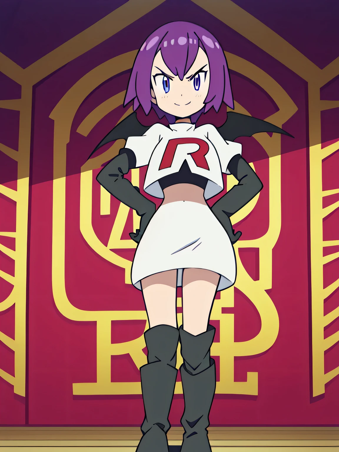 Colorful , masutepiece, Best Quality, 1girl in, , purple hair, middle hair, spike hair, Evil Female Executive, Goth Lolita Costume, a miniskirt, White stockings, Large red ribbon, a choker, White inner, black clothes, Sadistic smile, evil smile, bkack boots, bat wings, , from below, looking at viewer, trample on viewer,team rocket uniform, red letter r, white skirt,white crop top,black thigh-high boots, black elbow gloves, glaring angrily, looking at viewer, hands on hips, full body seen