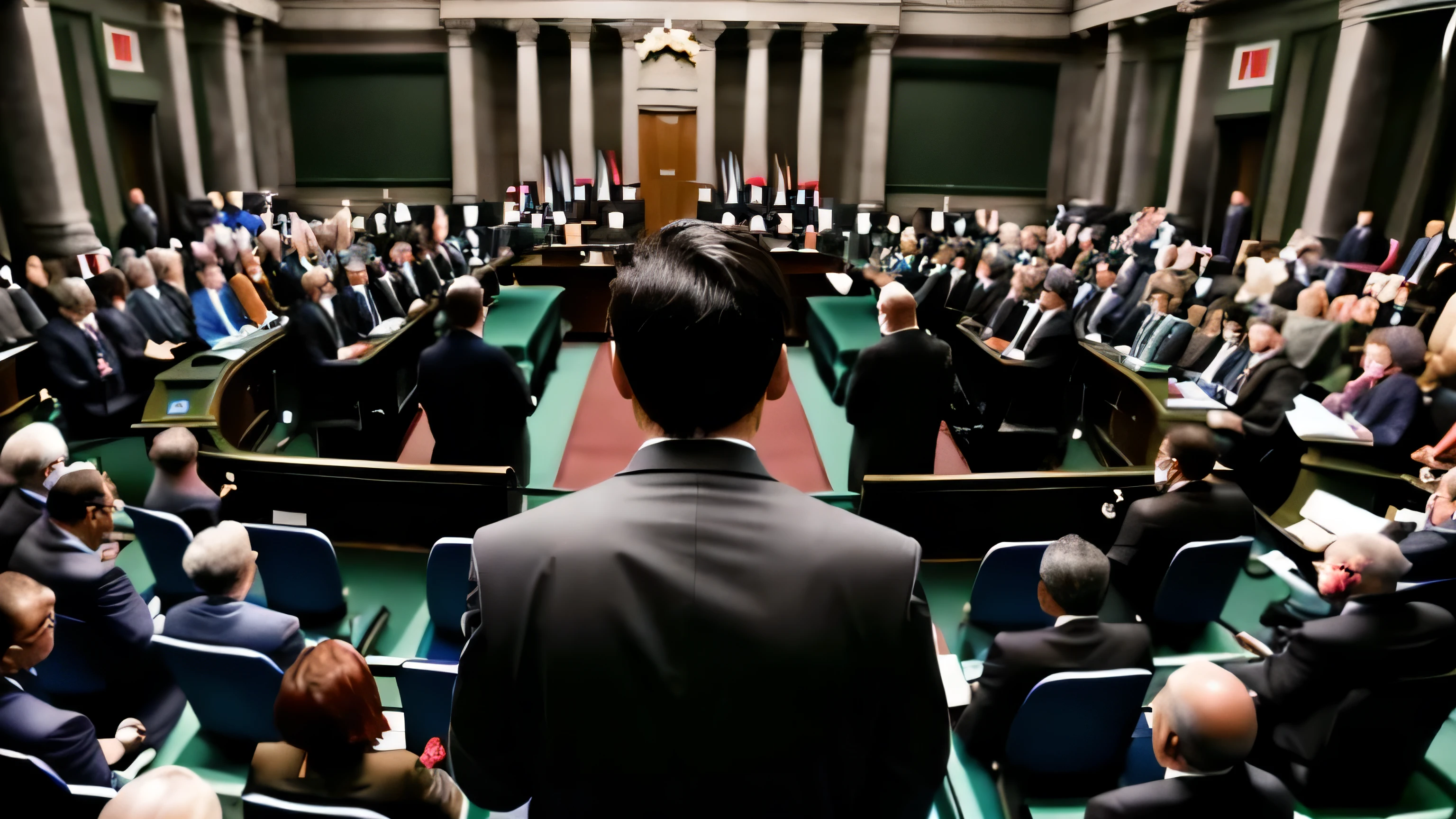 Rear view of a man wearing a suit standing in front of a crowd of politicians、I can't see my face、dignified、High resolution、High resolution