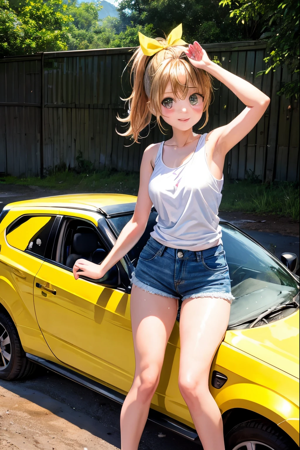 A girl is washing a Jimny 4x4 with a sponge full of foam in a shoujo manga style clip art. She has big eyes and long eyelashes, and her expression is cheerful and cute. She is wearing a yellow tank top and denim shorts, and her brown hair is tied in a ponytail with a ribbon. She rubs the sponge on the hood of the car, making it shiny and clean. The car is parked on a dirt road in front of a green field. White foam from detergent, covered in foam on hands and feet. Soap bubble