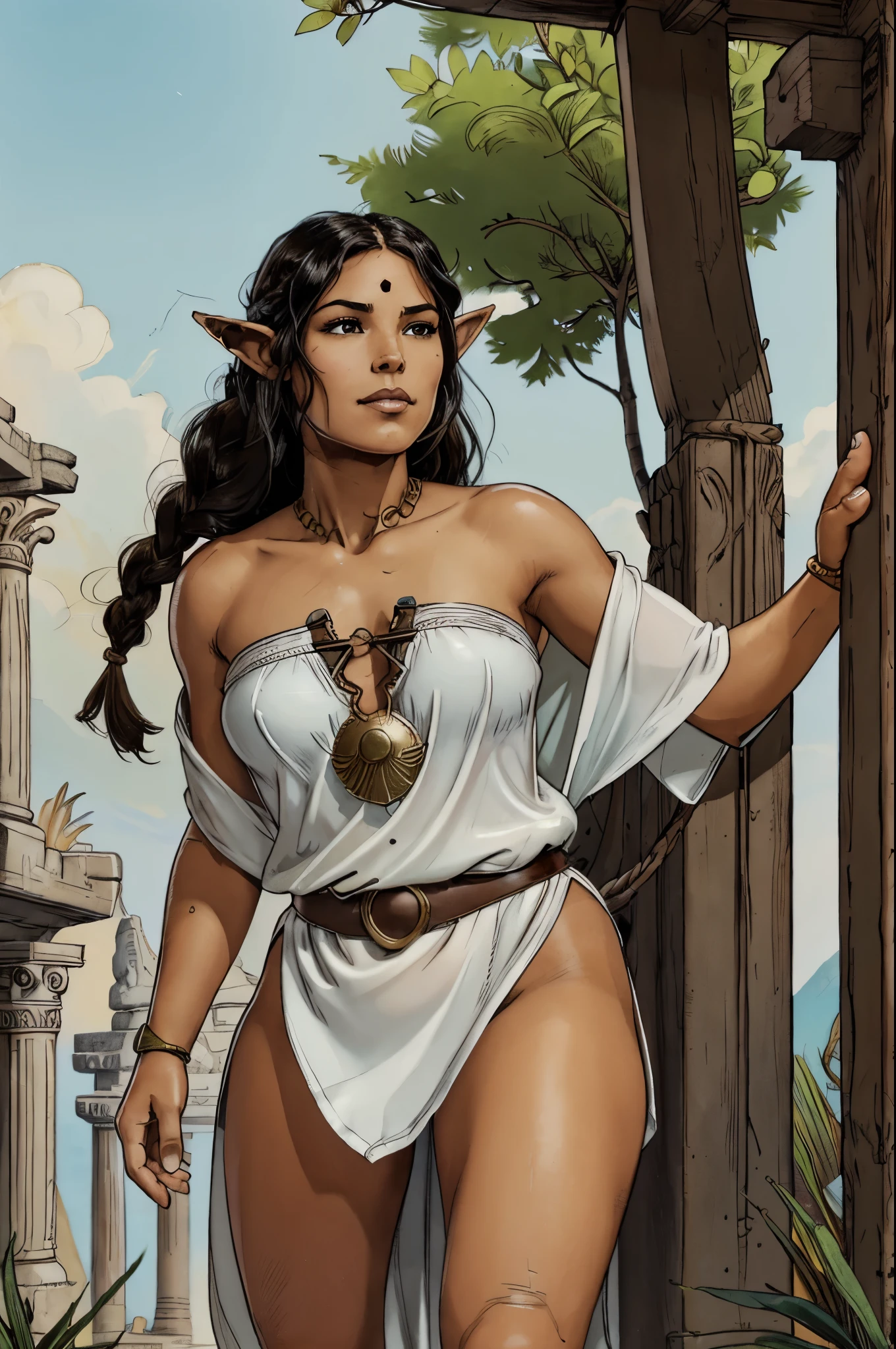 latina Elf girl, fantasy monk amazon adventurer, bronze tan skin, brutal smirk face, plump lips, black hair, long thick braid hairstyle, hazel eyes, athletic figure, white priestess robe and tunic, white loin shorts, sandals, detailed portrait, jungle temple, standing pose