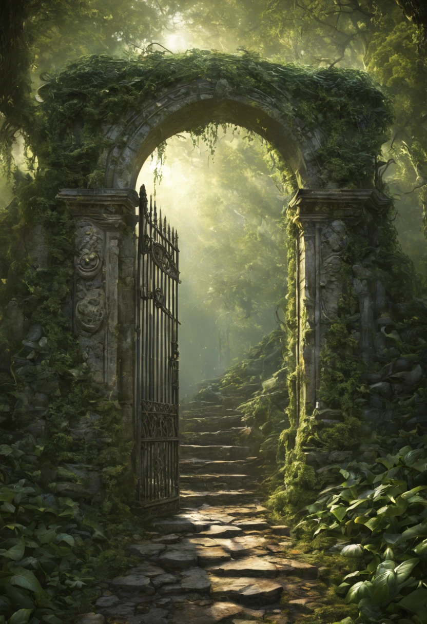 (main subject),forgotten gateway of time and space,(best quality,4k,8k,highres,masterpiece:1.2),(realistic,photorealistic,photo-realistic:1.37),mysterious portal,enchanted door to other dimensions,ancient architecture,grand entrance,symbol of a lost era,detailed carvings,magical inscription,enchanted symbols,mystical atmosphere,faded colors,crumbling walls,overgrown vines and moss,forgotten path,faint whispers of the past,echoes of ancient civilizations,unveiling secrets,long-lost civilizations,otherworldly wonders,eerie ambiance,glimmer of uncertainty,transcendent realm,cosmic energy,pure light,celestial beings,distant galaxies,transdimensional travelers,ancient knowledge,powerful artifacts,immense power,interwoven realms of time and space,serene beauty,ethereal haze.