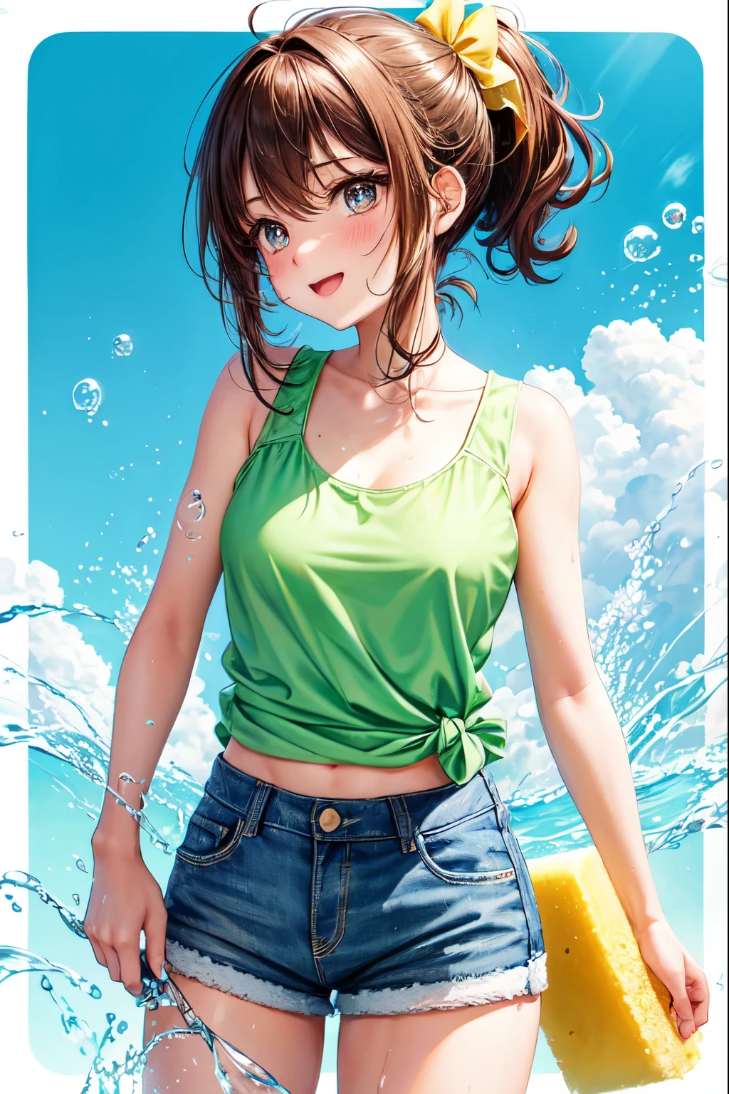 A girl is washing with a sponge full of foam in a shoujo manga style clip art. She has big eyes and long eyelashes, and her expression is cheerful and cute. She is wearing a yellow tank top and denim shorts, and her brown hair is tied in a ponytail with a ribbon. She rubs the sponge. The background is filled with sparkles and flowers. White foam from detergent, covered in foam on hands and feet. Soap bubble