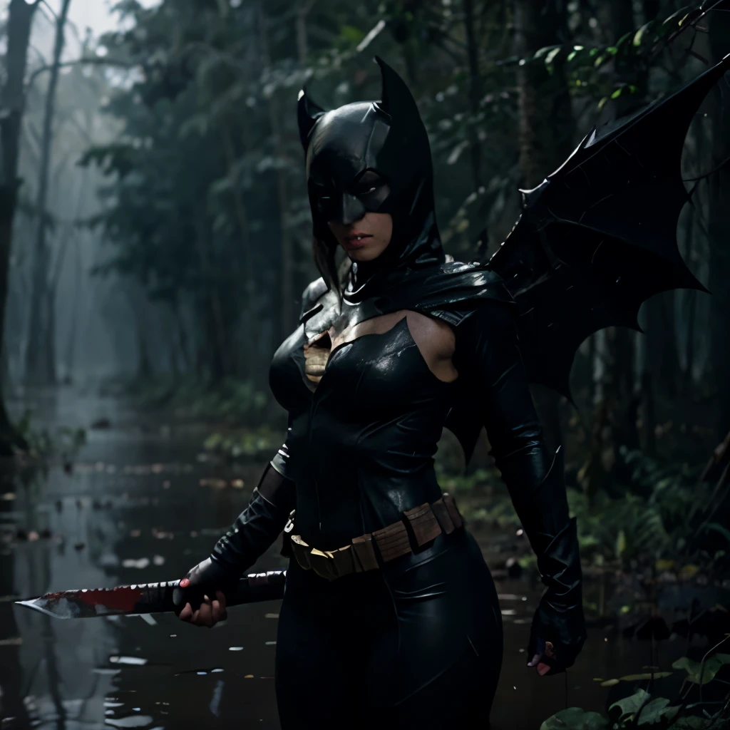 take me a photo, female batman, who is darker and more scary, has big wings, skin looks rough, wet, eyes are bright red and her body is full of wounds, wearing damaged batman clothes, seen emerging from the swamp while holding a sword, body looks sweaty, background  behind thick foggy swamp forest, horror atmosphere, dark Cinematic Movie lighting, ultra HD, realistic movie