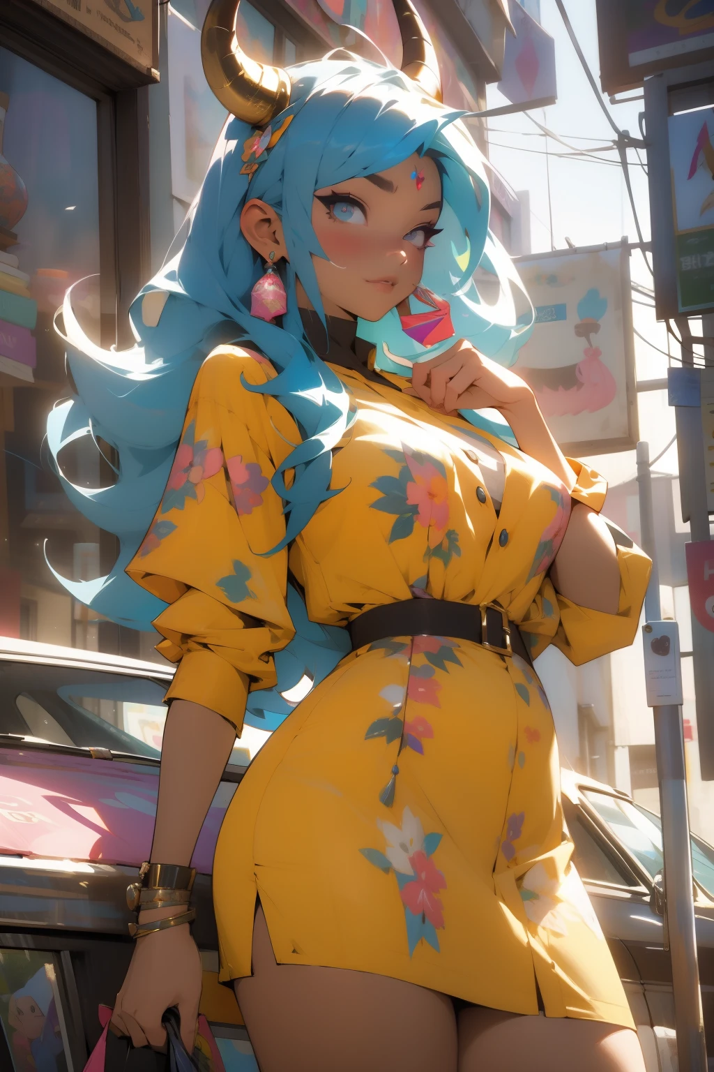 A captivating cartoon girl with horns, adorned in vibrant colors, stands proudly in a shop window sign that reads, "Aht Hon Maitai" or "Totally Horny." Her horns, intricately detailed and shimmering under the sunlight, frame her youthful face with a playful allure. Her wide, inviting eyes sparkle with a hint of mischief. Her clothing is casual, yet stylish – a dress that accentuates her plump figure. The shop window behind her is filled with a myriad of colorful goods, adding depth and intrigue to the scene. The overall composition of the painting exudes a sense of balance, with