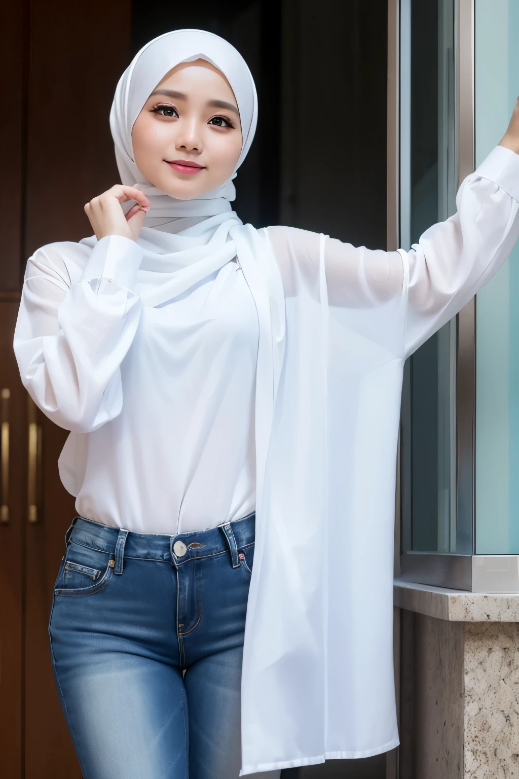 Hijab Malaysian Malay lady in white clothes, blue jeans doing hand dab pose