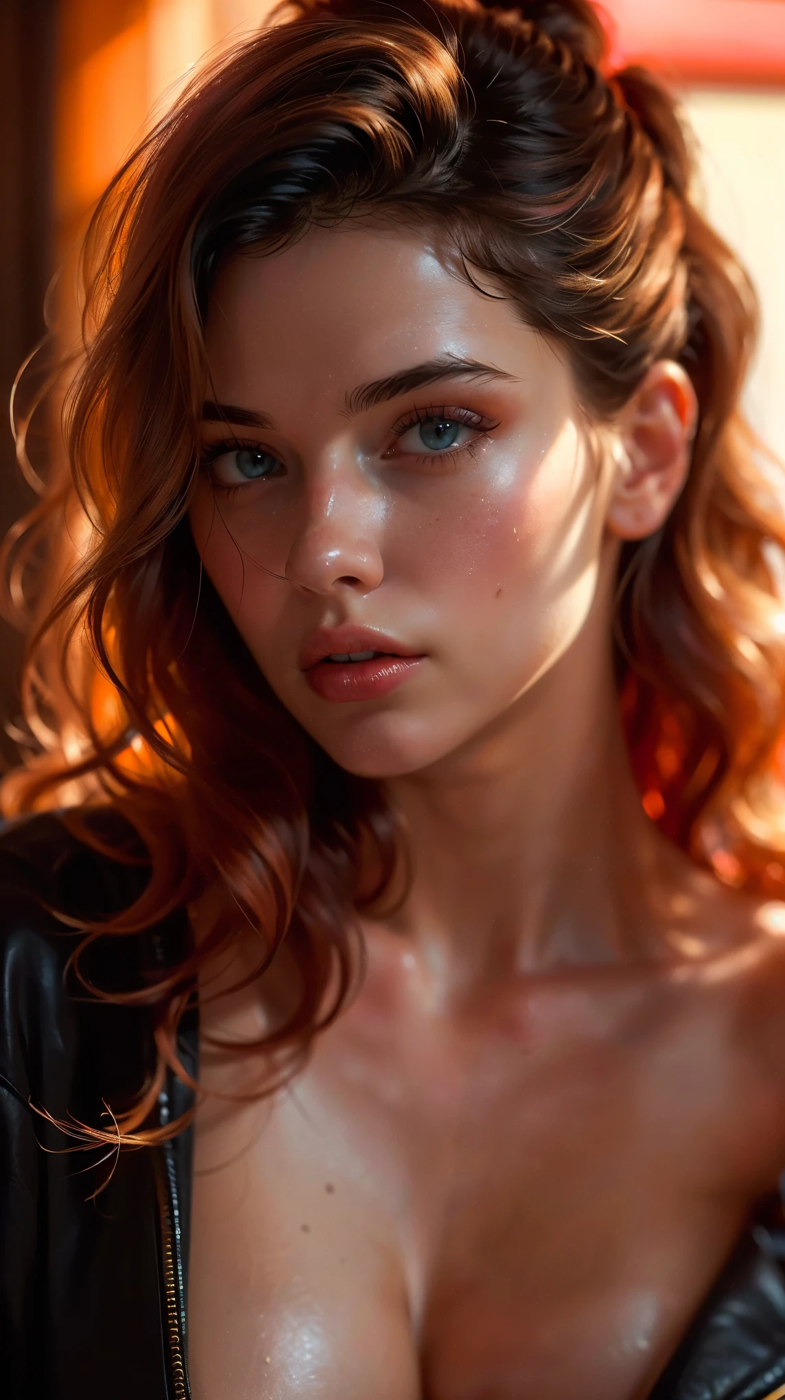 (((ultra realistic))) Photo, masterpiece, top quality, (pale skin), (Ultra detailed face and eyes:1.3), 1 girl, Adult, In Lifchik, ((Eye makeup, pink mascara)), ((large detailed lips)), ((pink wavy hair)), ((Stylish hairstyle)) , (Natural breasts), Slim waist. ((Posing, Hand on face)), photoshoot, Studio soft lighting, (The play of light and shadows), depth of field, bokeh, (special attention to skin detail: 1.2), Detailed leather texture, skin pores. (Warm atmosphere of the frame. color scheme - black, Red, Yellow, orange tones), ((by Max Twain)) , UDR, ((Film grain)), ((rays)), (Glare), ((waist up portrait, close to the camera)) , ultra detialed, 