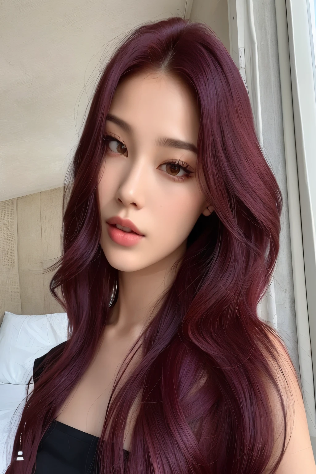 a close up of a woman com longos cabelos ruivos and a black top, long cabelo ruivo escuro, com cabelo ruivo escuro, cabelos tingidos de vermelho, longos cabelos ruivos, cabelo ruivo escuro, cabelo magenta longo, cabelo carmesim vermelho, cabelos longos vermelhos castanhos, cabelos longos e ondulados vermelhos, com longos cabelos ruivos, Cerveja suave rainha do diabo madison, longos cabelos roxos ondulados, blackpink jennie