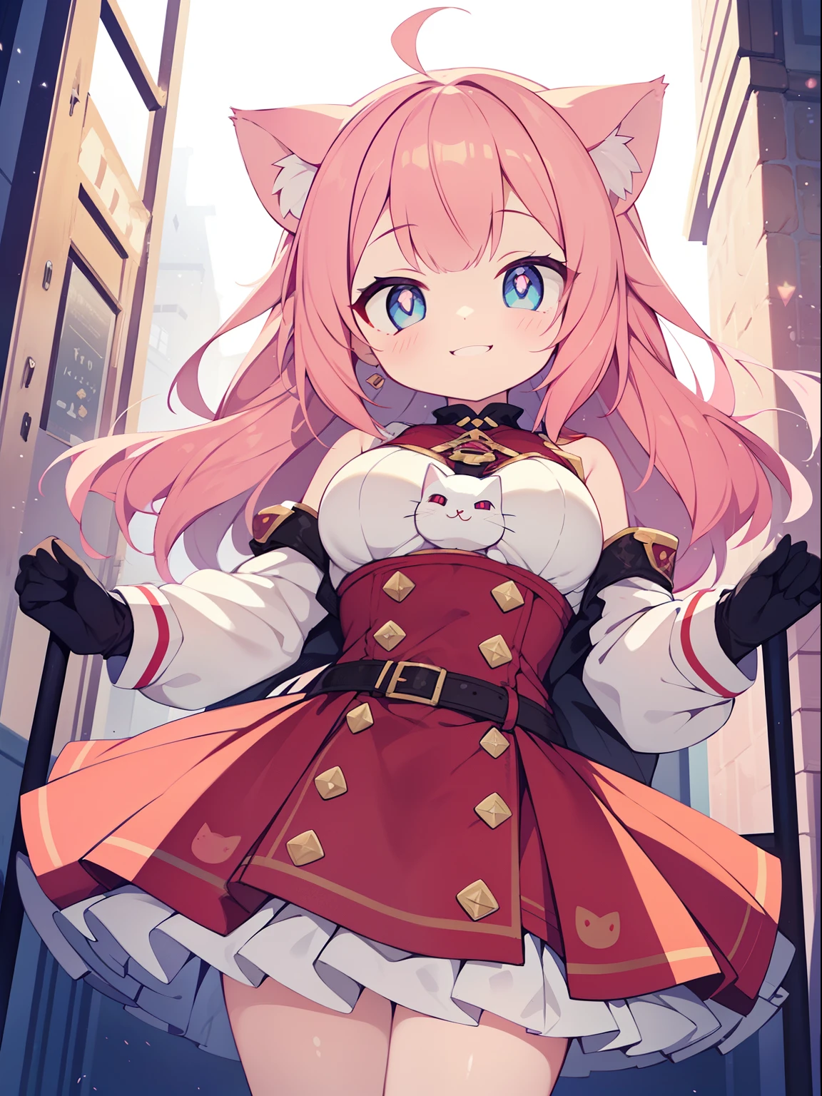 (Cat girl:1.2), (1 person:1.2),(10 year old girl)、young girl、big breasts、 nffsw、shader、highly detailed eyes、long straight hair、underride 、pink hair、silky hair、Cat costume(Feline ears、Mokomoko Good、tight mini skirt、plain silk gloves)、ultra-intricate pupil in eyes、highest quality、bright colors、Bust 100、rests、Standing picture of the game、Stirring composition、Composition looking up from below、Lift your with your hands、Pose that emphasizes the chest、fold your arms、grinning expression、eyes half closed、open your mouth、Stinking eyes、evil face、Bullish smile、fold your hands behind your back、Hide your hands、evil smile、whole body、beautiful