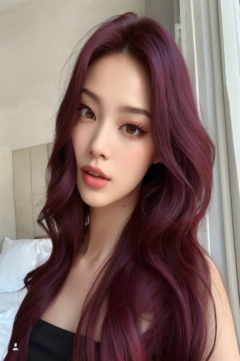 a close up of a woman com longos cabelos ruivos and a black top, long cabelo ruivo escuro, com cabelo ruivo escuro, cabelos tingidos de vermelho, longos cabelos ruivos, cabelo ruivo escuro, cabelo magenta longo, cabelo carmesim vermelho, cabelos longos vermelhos castanhos, cabelos longos e ondulados vermelhos, com longos cabelos ruivos, Cerveja suave rainha do diabo madison, longos cabelos roxos ondulados, blackpink jennie