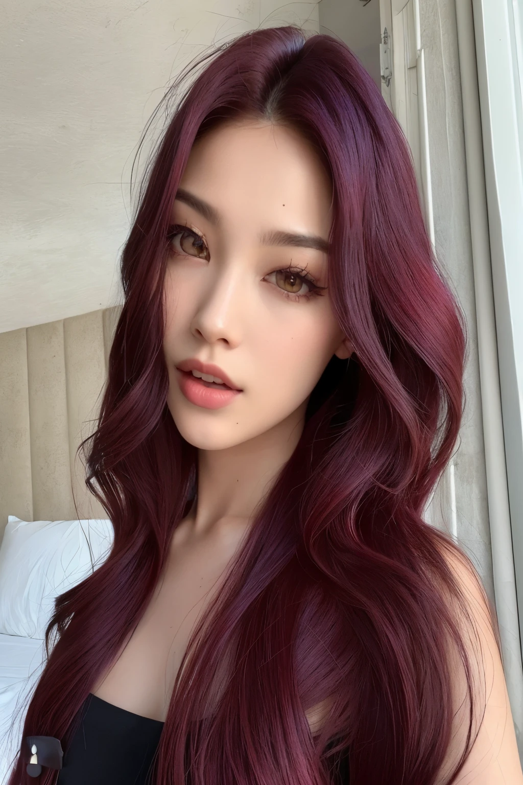a close up of a woman com longos cabelos ruivos and a black top, long cabelo ruivo escuro, com cabelo ruivo escuro, cabelos tingidos de vermelho, longos cabelos ruivos, cabelo ruivo escuro, cabelo magenta longo, cabelo carmesim vermelho, cabelos longos vermelhos castanhos, cabelos longos e ondulados vermelhos, com longos cabelos ruivos, Cerveja suave rainha do diabo madison, longos cabelos roxos ondulados, blackpink jennie