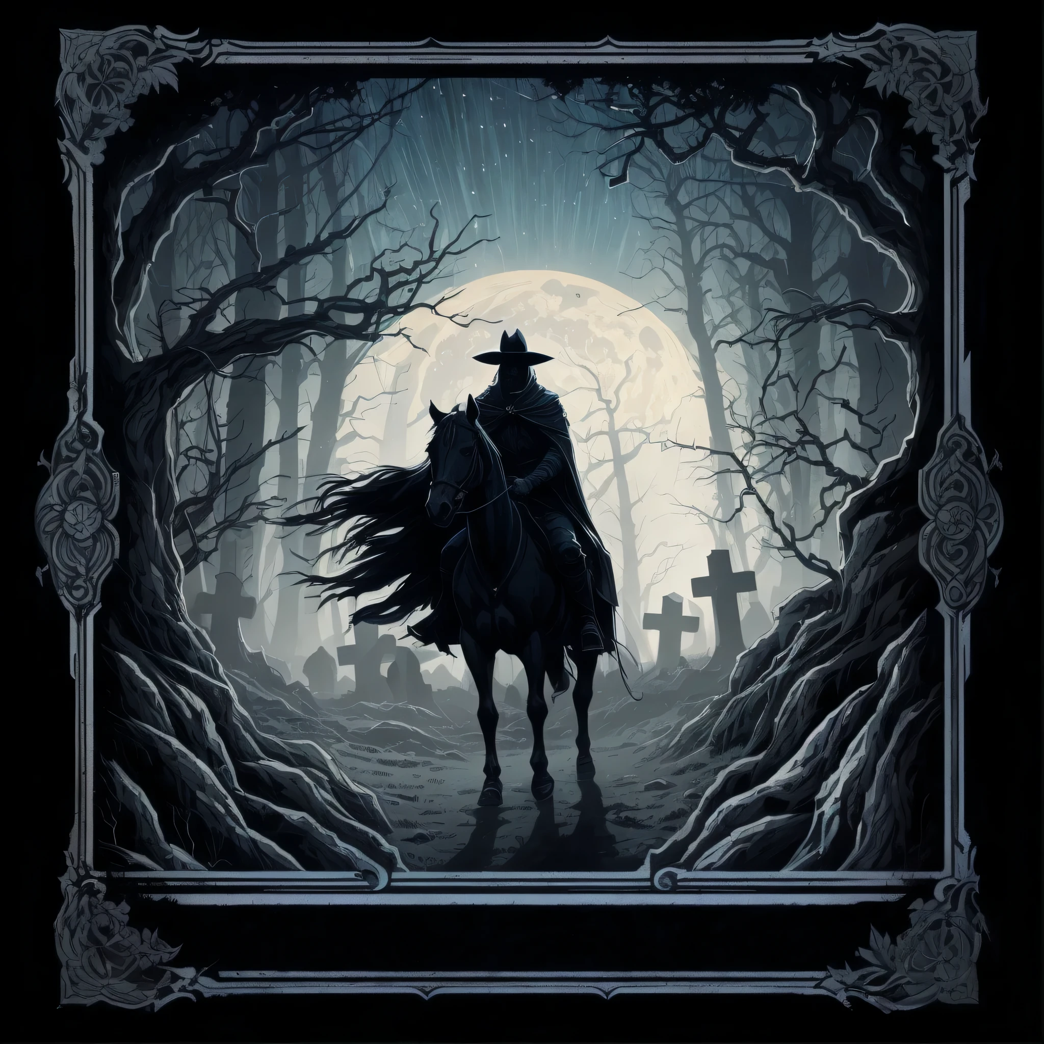 blurred image of a man riding a horse in a cemetery, Bosch e Dan Mumford, arte da capa detalhada, arte oficial do cartaz, Arte Sangrenta, e Mumford Tom Bagshaw, Nenhuma arte estilo Dan Mumford, No Dan Mumford Art Style, Beksinski e Dan Mumford, arte escura altamente detalhada, Anton Fadeev como Dan Mumford