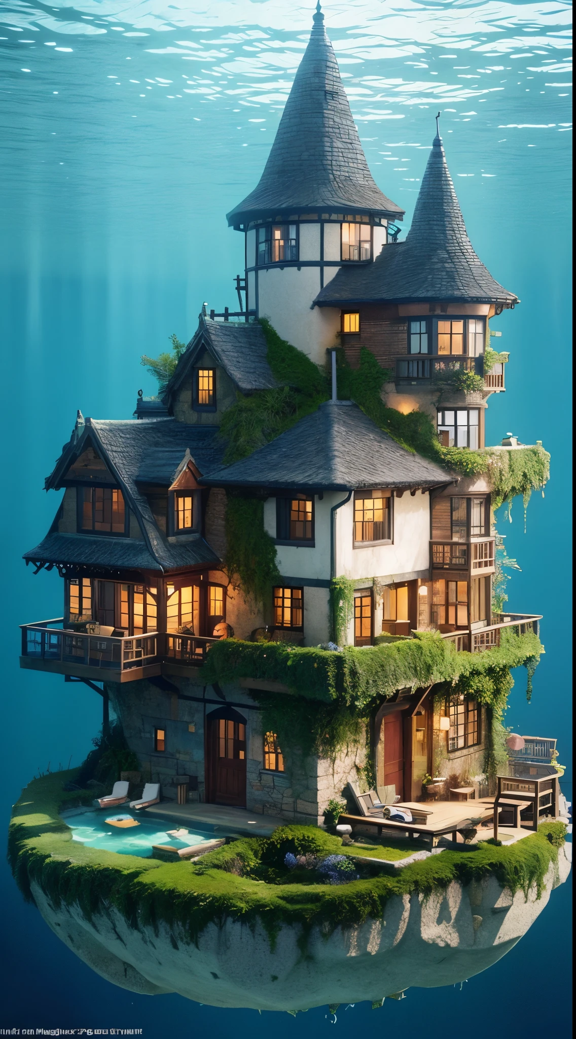 color (fantasy: 1.2), (Hayokaze Miyazaki), (Irregular Buildings Floating Under the Sea), Patchwork Cottage, Moss decoration, circle, light, Concept Art Inspired by Andreas Rocha, Artstation contest winner, fantasy art, (Underwater city), Ross Tran, lightシャフト, realistic lighting, masterpiece, high quality, beautiful graphics, high detail, masterpiece, high quality, beautiful graphics, high detail, --v6