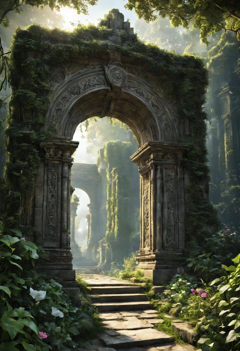 (main subject),forgotten gateway of time and space,(best quality,4k,8k,highres,masterpiece:1.2),(realistic,photorealistic,photo-realistic:1.37),mysterious portal,enchanted door to other dimensions,ancient architecture,grand entrance,symbol of a lost era,detailed carvings,magical inscription,enchanted symbols,mystical atmosphere,faded colors,crumbling walls,overgrown vines and moss,forgotten path,faint whispers of the past,echoes of ancient civilizations,unveiling secrets,long-lost civilizations,otherworldly wonders,eerie ambiance,glimmer of uncertainty,transcendent realm,cosmic energy,pure light,celestial beings,distant galaxies,transdimensional travelers,ancient knowledge,powerful artifacts,immense power,interwoven realms of time and space,serene beauty,ethereal haze.