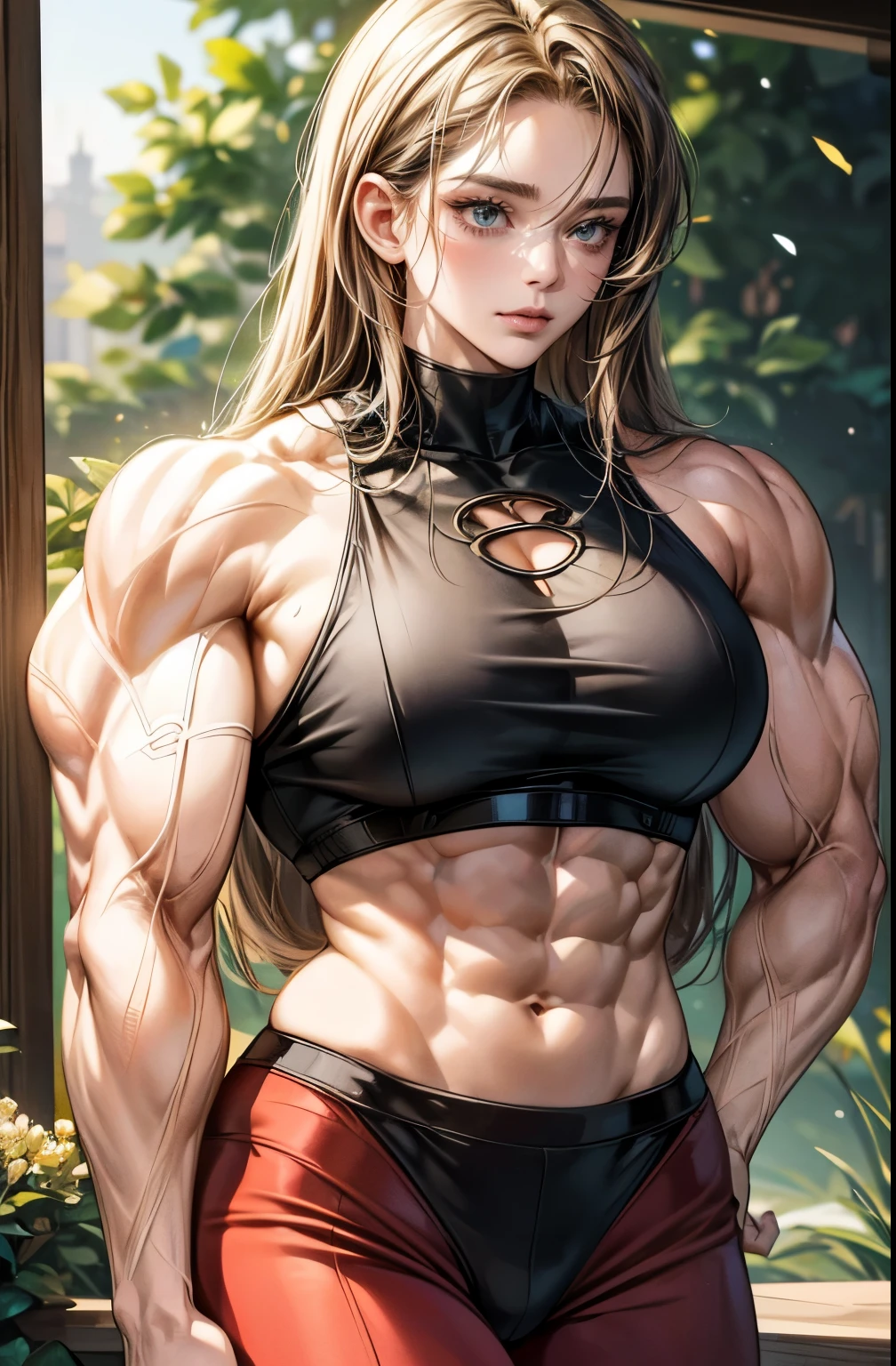 (best lighting) , (Extremely complex and detailed) , 4K unified, (Super detailed CG: 1.2) , (8k: 1.2),(original), (masterpiece) , (best quality),(masterpiece:1.4),Anime-like high quality,(masterpiece),masterpiece, Super clear picture quality,clearer than,(delicate face)best quality, absurd,((Master of Peace, 4K, 8k, Yes, high resolution))1个girl, female student,She was in the garden,Ten strong abdominal muscles,stand up,Crop topping,dense, Raised veins on arms,Super large muscles,The visual sense of exploding muscles,The muscles feel like they are about to explode,Biceps as big as several steamed buns,spring, boots, Perfect body, long hair, dynamic poses,legs exposed,Strong leg muscles ((bodybuilder:1.5)),spring Garden,(beautiful bass),(girl),(Miss),(((Upper body:1)))Trendy midriff-baring outfit