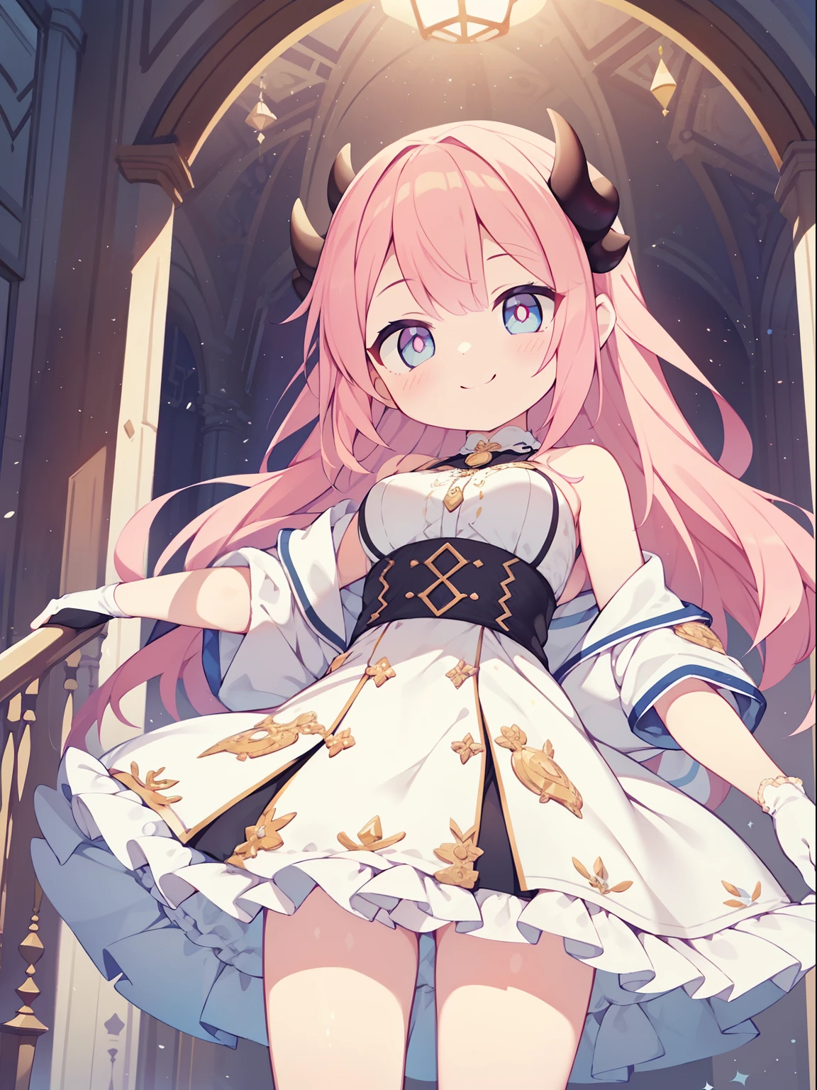 (girl:1.2), (1 person:1.2),(10歳のgirl)、若いgirl、big breasts、 nffsw、shader、highly detailed eyes、long straight hair、underride 、pink hair、silky hair、off shoulder dress(White thin fabric、mini skirt、plain silk gloves)、ultra-intricate pupil in eyes、highest quality、bright colors、Bust 100、rests、Standing picture of the game、Stirring composition、Composition looking up from below、Lift your with your hands、Pose that emphasizes the chest、fold your arms、grinning expression、eyes half closed、open your mouth、Stinking eyes、evil face、Bullish smile、fold your hands behind your back、Hide your hands、evil smile、whole body、beautiful