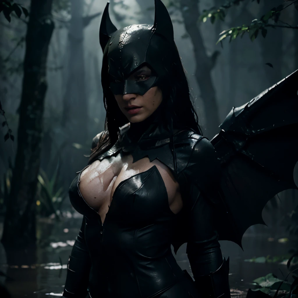take me a photo, Batman woman, who is darker and more scary, has big wings, skin looks rough, wet, eyes are bright red and her body is full of wounds, wearing Batman clothes, her chest is slightly covered, looks like she is emerging from the swamp while holding a sword, her body looks sweaty , dense foggy swamp forest background, horror atmosphere, dark Cinematic Movie lighting, ultra HD, realistic movie