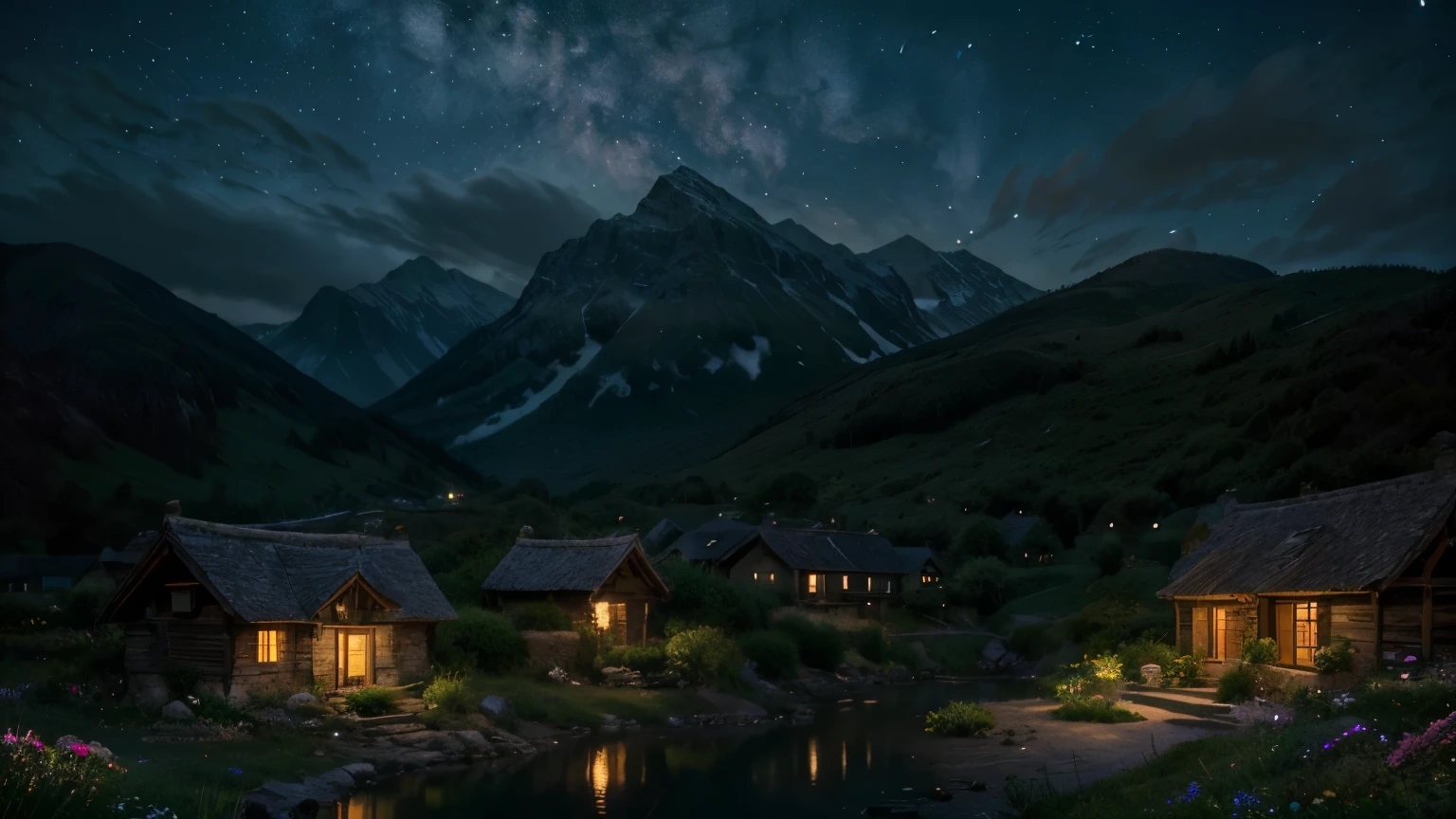 (best quality:1.2,4k,night landscape,wide angle,night hill with flowers,super remote solitary village,moonlit,low exposure),vivid colors,detailed stars,vibrant flowers,peaceful,calmness,serenity,enchanted,surreal lighting,dreamy atmosphere,tranquility,reflection in the water,distant mountain peaks,soft and gentle breeze,hidden paths,unexplored beauty,exquisite details,quiet ambiance,fascinating shadows,magical aura,moonlight casting ethereal glow,silent tranquility,serene moonlit night,whispering winds,sparkling water,remote village tucked away in darkness,starry night sky,endless expanse of nature,breathtaking natural beauty,serene and idyllic countryside,otherworldly charm,wonder and mystery at every corner,secluded haven amidst nature,nighttime blooms,pinpricks of light dotting the landscape,serene and peaceful village under the moonlight.