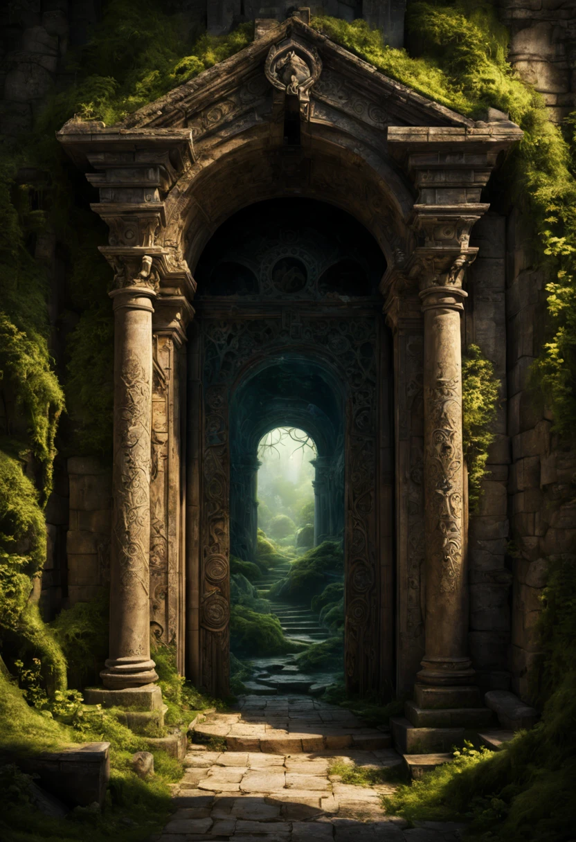 (main subject),forgotten gateway of time and space,(best quality,4k,8k,highres,masterpiece:1.2),(realistic,photorealistic,photo-realistic:1.37),mysterious portal,enchanted door to other dimensions,ancient architecture,grand entrance,symbol of a lost era,detailed carvings,magical inscription,enchanted symbols,mystical atmosphere,faded colors,crumbling walls,overgrown vines and moss,forgotten path,faint whispers of the past,echoes of ancient civilizations,unveiling secrets,long-lost civilizations,otherworldly wonders,eerie ambiance,glimmer of uncertainty,transcendent realm,cosmic energy,pure light,celestial beings,distant galaxies,transdimensional travelers,ancient knowledge,powerful artifacts,immense power,interwoven realms of time and space,serene beauty,ethereal haze.