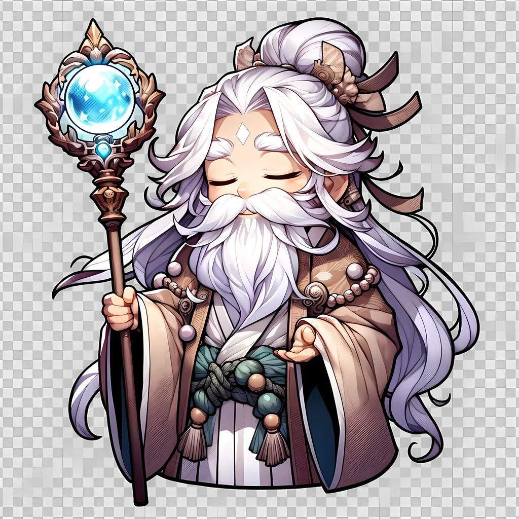 Cartoon image of a wizard with a wand and crystal, white haired god, male wizard, old male archmage, taoist priest, Gray-haired dwarf, relaxed Gray-haired dwarf, Onmyoji portrait, Wizard of the Wind, crisp clear rpg portrait, picture of a male Priest, t-pose of wizard, Priest, wizard pondering his orb